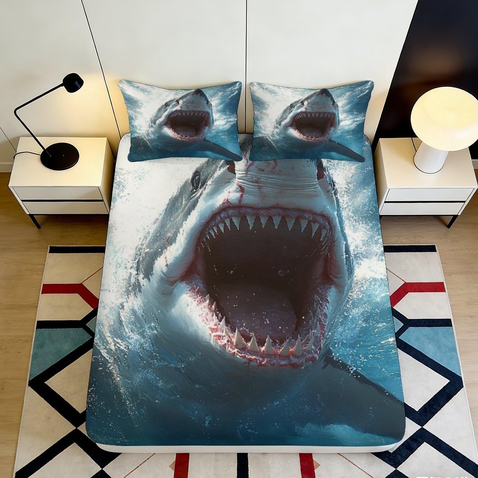 3D Printed Shark Attack Fitted Sheet Microfiber Breathable Ocean Predator Bed Cover for Bedroom Guest Room Decor Mattress Protection 90x200x25cm