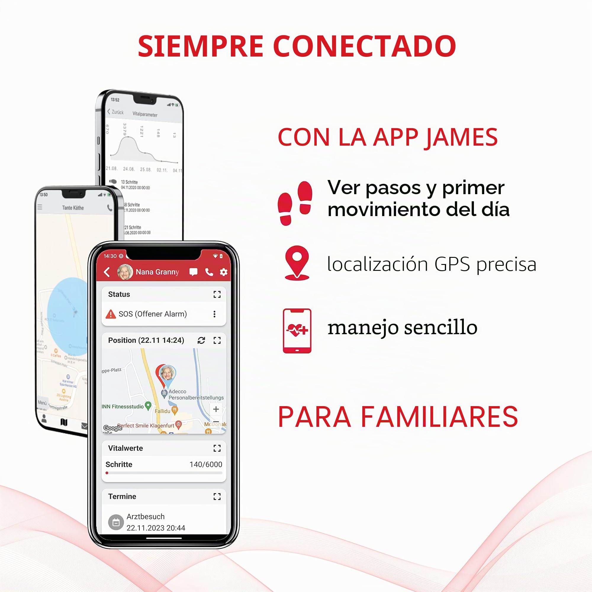 James R9 - Reloj de Emergencia y Seguridad para Personas Mayores, detección de caídas, botón de Llamada de Emergencia y Seguimiento GPS, podómetro, Monitor de frecuencia cardíaca, aplicación Familiar