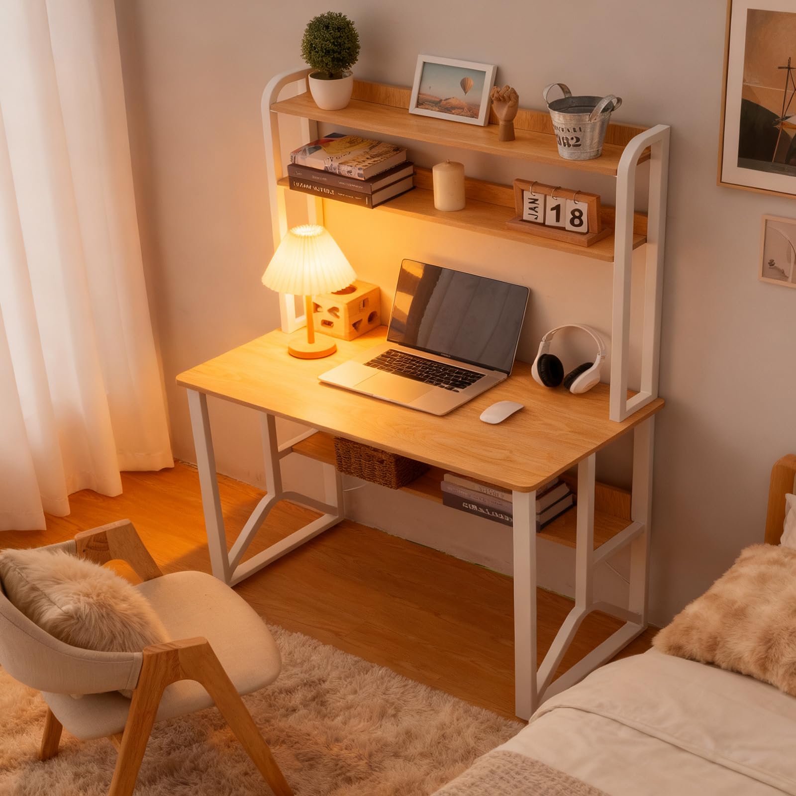 SHARPDO Scrivania Moderna 100x50 cm in Legno Chiaro con Mensole a Due Livelli e Struttura a Y Stabile – Scrivania da Studio per Studenti con Bordi Arrotondati e Protezione Anticaduta