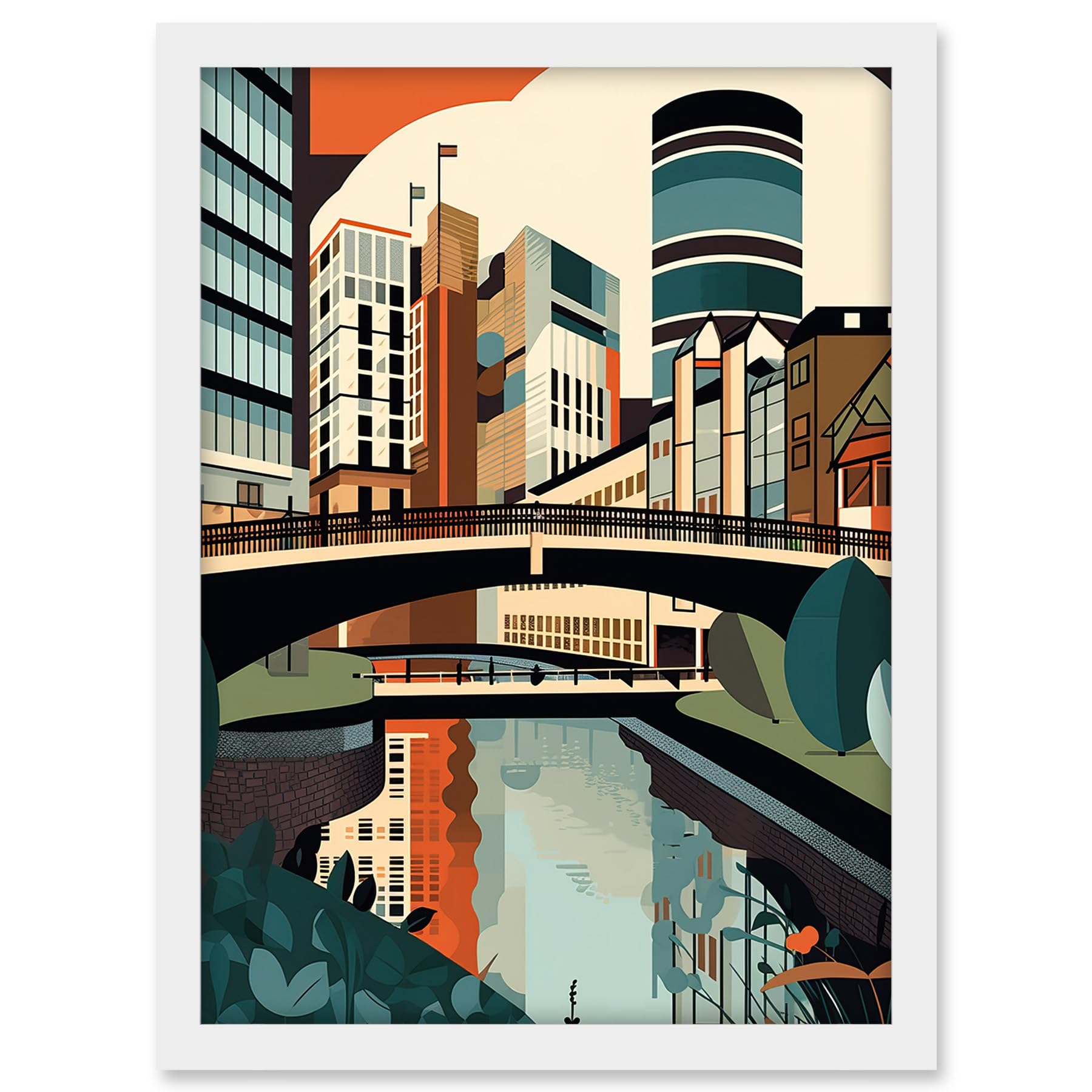 Artery8 Birmingham City Centre Canal Geometric Cityscape Artwork Framed A3 Wall Art Print