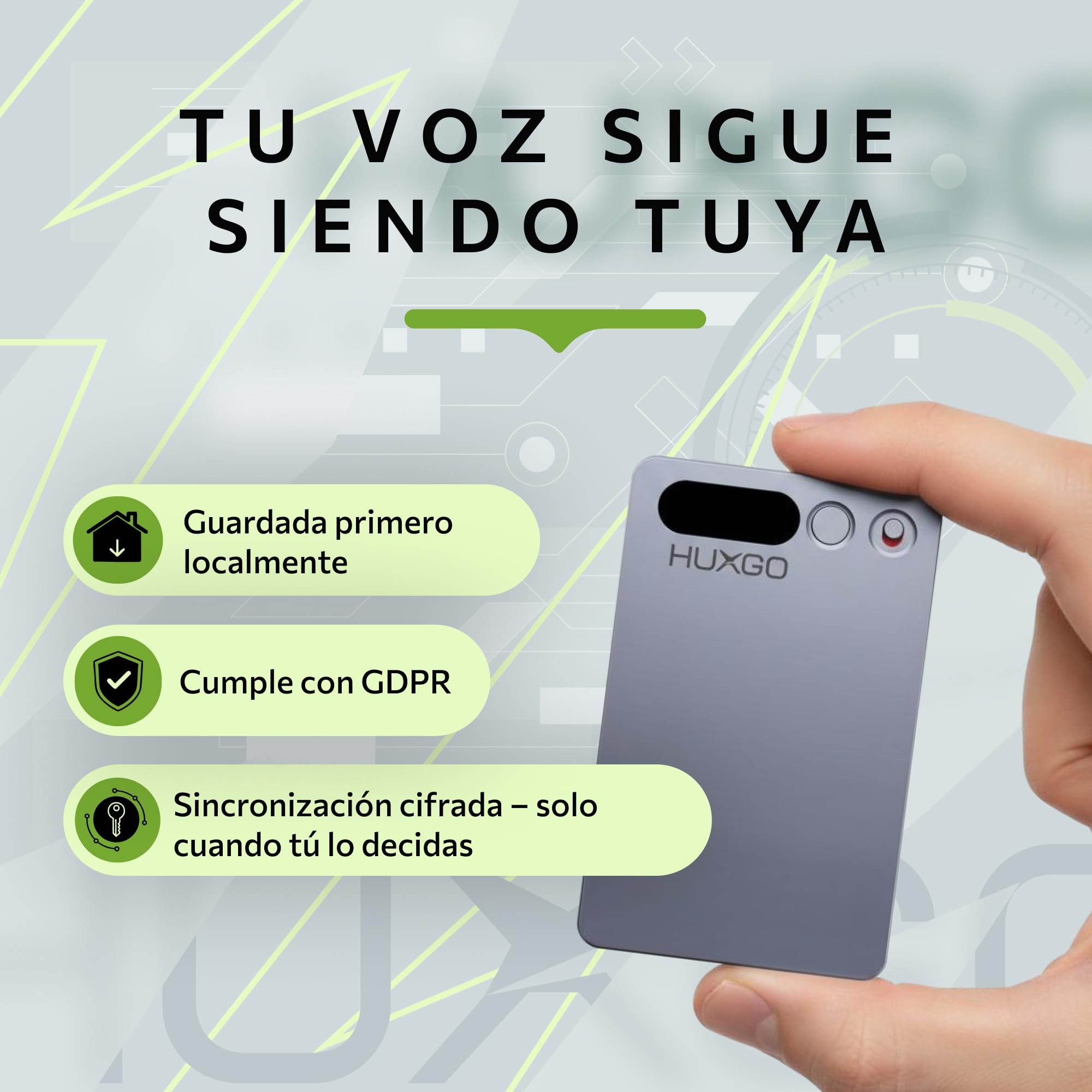 Grabadora de Voz – 64GB con Doble Micrófono y Reducción de Ruido – Batería de 35h, Bluetooth 5.3 – Transcripción y Traducción por App (118+ Idiomas) – HUXGO®