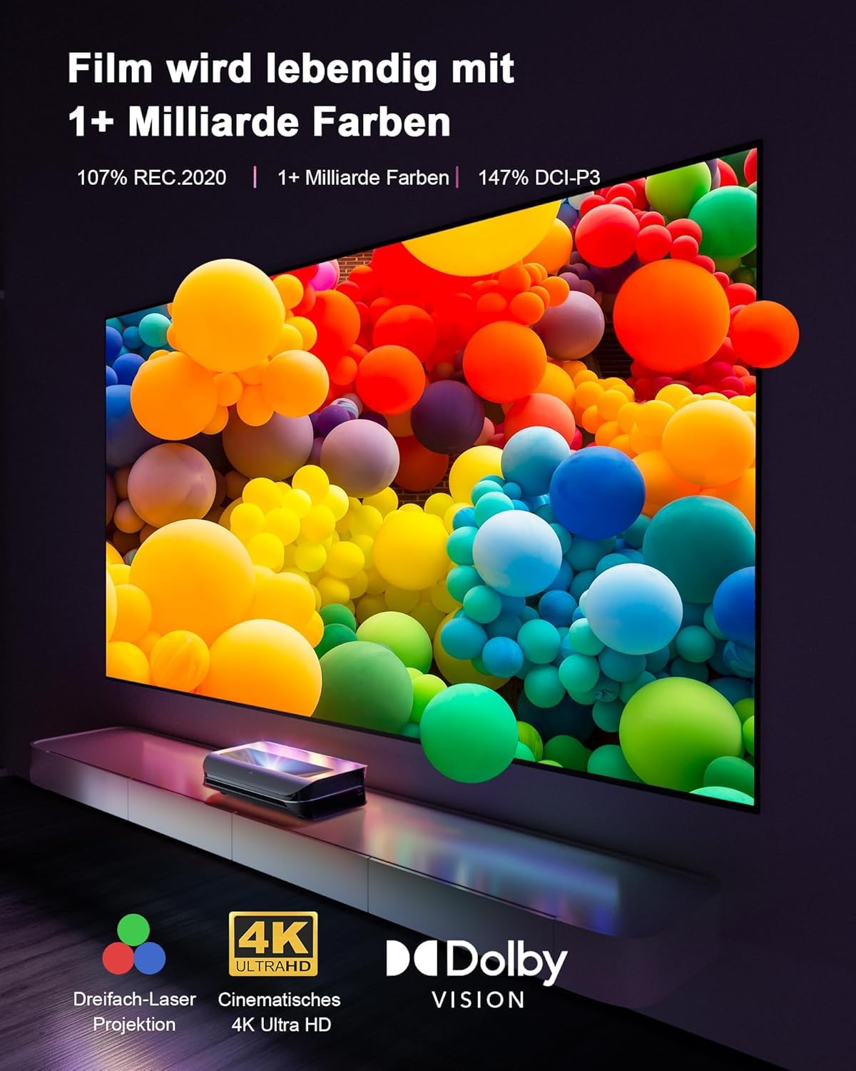 AWOL VISION Heimkino Bundle – Enthält LTV-3000 Pro 4K Ultrakurzdistanz Laser Beamer + 100" Mattweiße Leinwand + DLP Link 3D-Brille (2er-Pack)