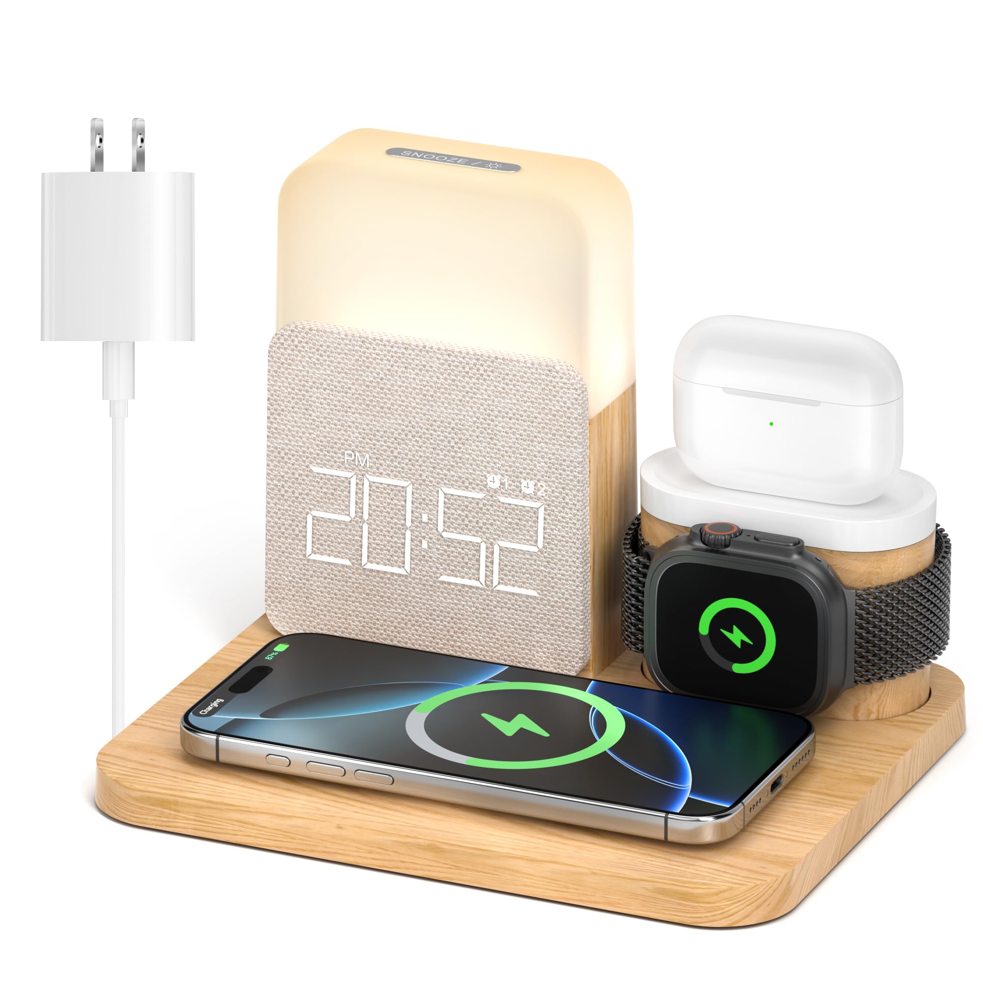 Alarm Clock Charging Station for Bedrooms, 7 in 1 Wireless Charging Station, Magnetic Charger with Night Light Bedside Clock for iPhone 17 16 15 14 13 12 Pro Max, Apple Watch, AirPods