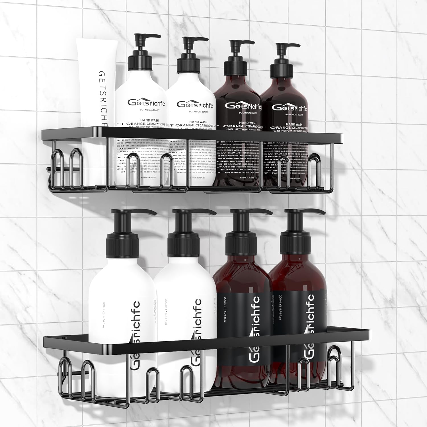 Getsrichfc Adhesive Shower Caddy, Shower Shelves with 16 Hooks, Rustproof Shelf Wall Corner Racks for Inside Bath, No Drilling & Sleek Bathroom Organizers and Storage Caddies Soap Holder, 2 Pack