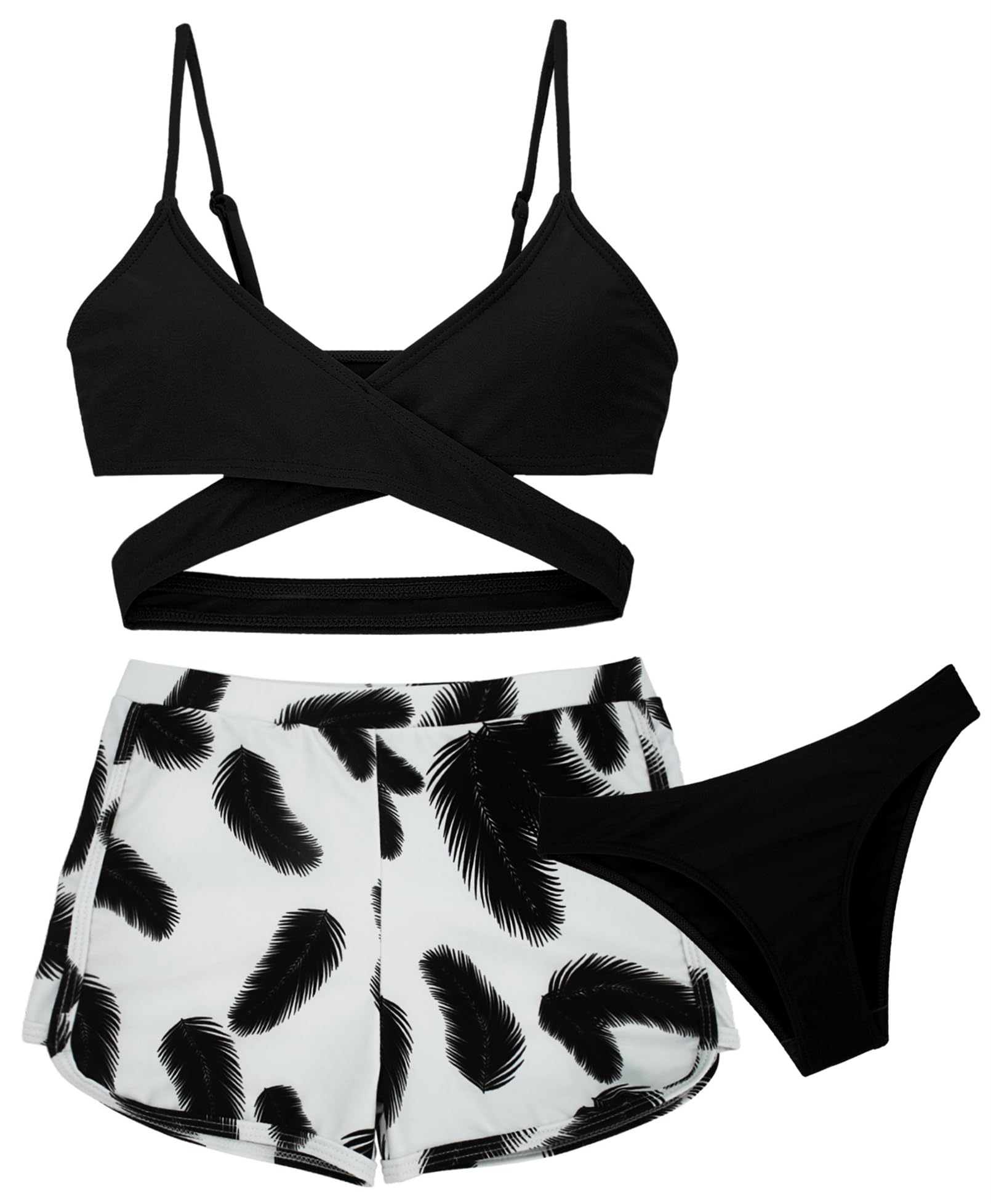 AIEOE Mädchen 3 Stück Badeanzug Bikini mit Tropical Print Badeanzug mit Cover Up Shorts 8-14 Jahre