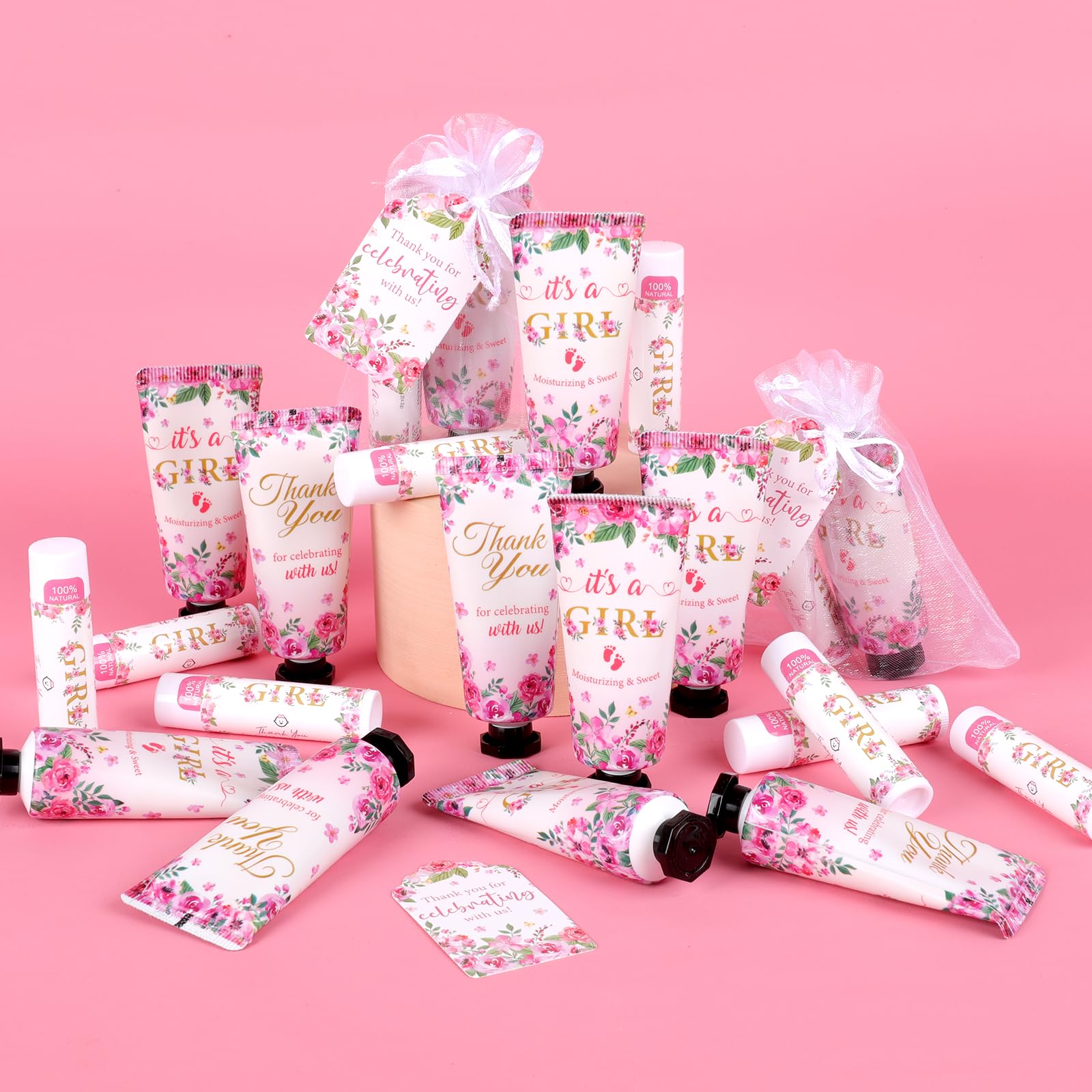 KONEUK 50 Stück Handcreme & Lippenbalsam, Großpackung, Geschenkset, Babyparty & Junggesellinnenabschied, Geschenke mit Dankeskarte & Organzabeuteln, Geschenk-Set