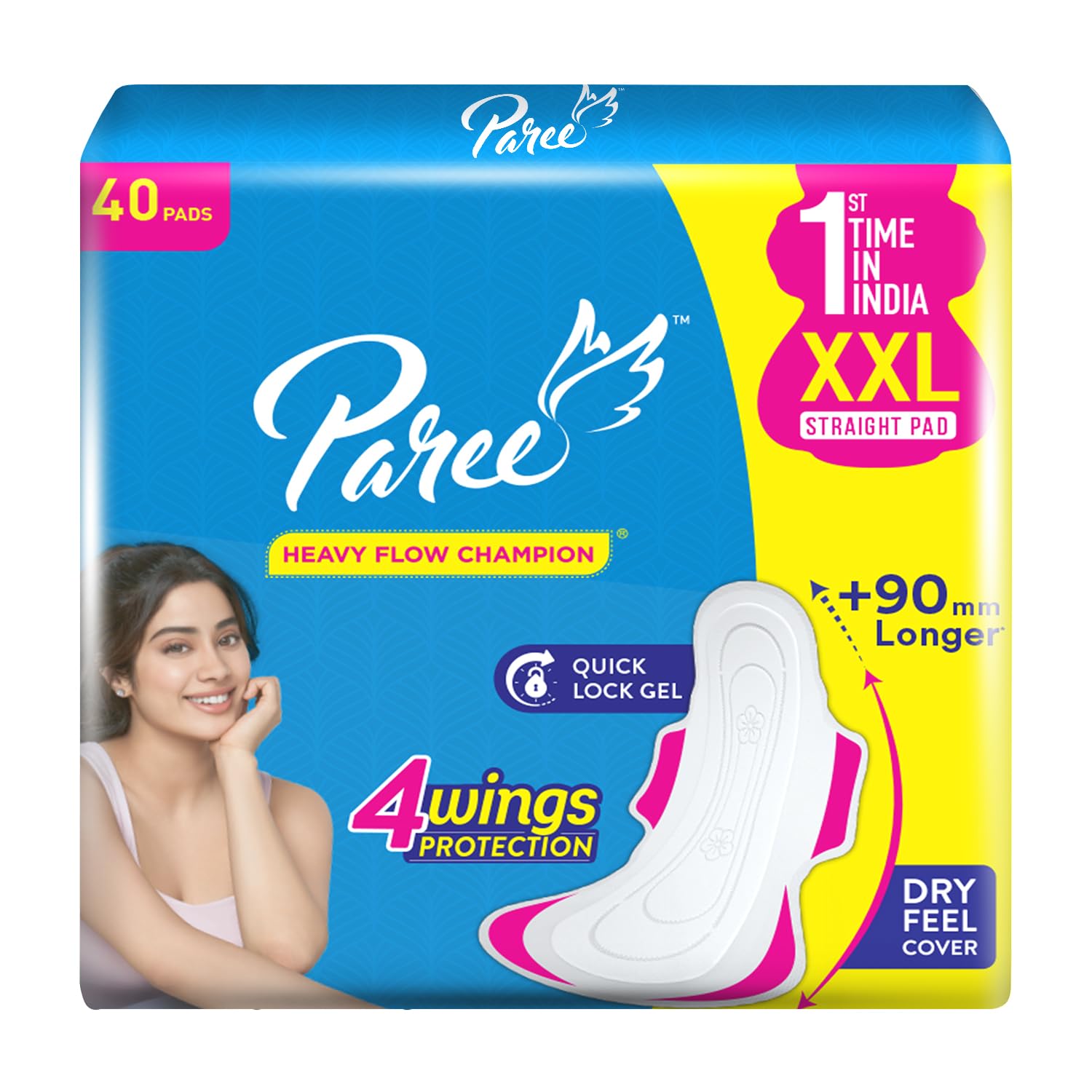 Paree Dry Comfort XXL Straight 40 Pads|1st Time in India XXL(320mm Longer) Straight Pads|3 Seconds Absorption|4 Wings Leakage Protection|Heavy Flow Champion Sanitary Pads for Women