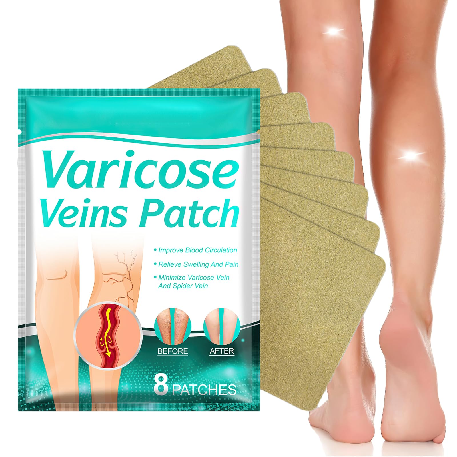 8Pcs Varicose Veins Patch, Veins Pain Relief Patch, Spider Veins Removal for Legs, Soothing Leg Fatigue