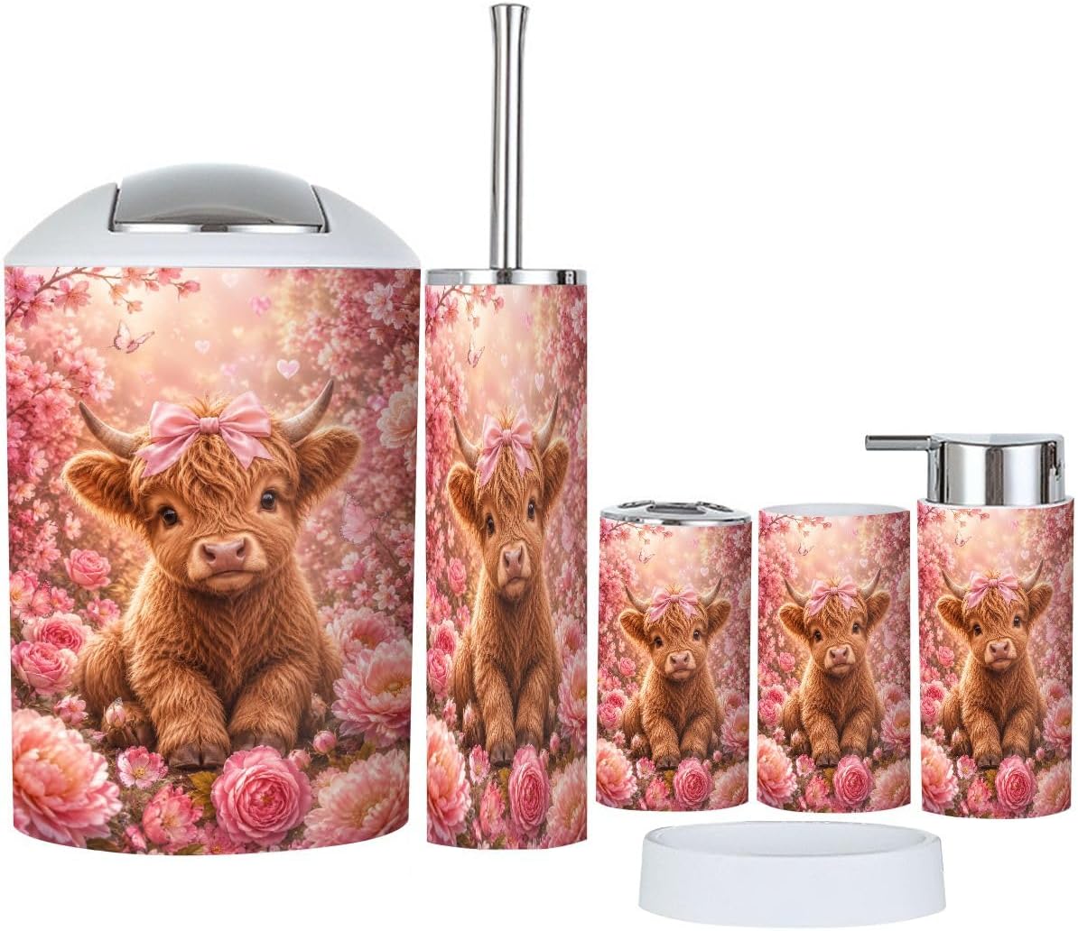 Bathroom Accessories Set 6 piece Cute Highland Calf Pink Bow Surrounded by Blooming Pink Flowers Plastic shatterproof Vanity Organization countertop Decor for Home, Apartment, Dorm