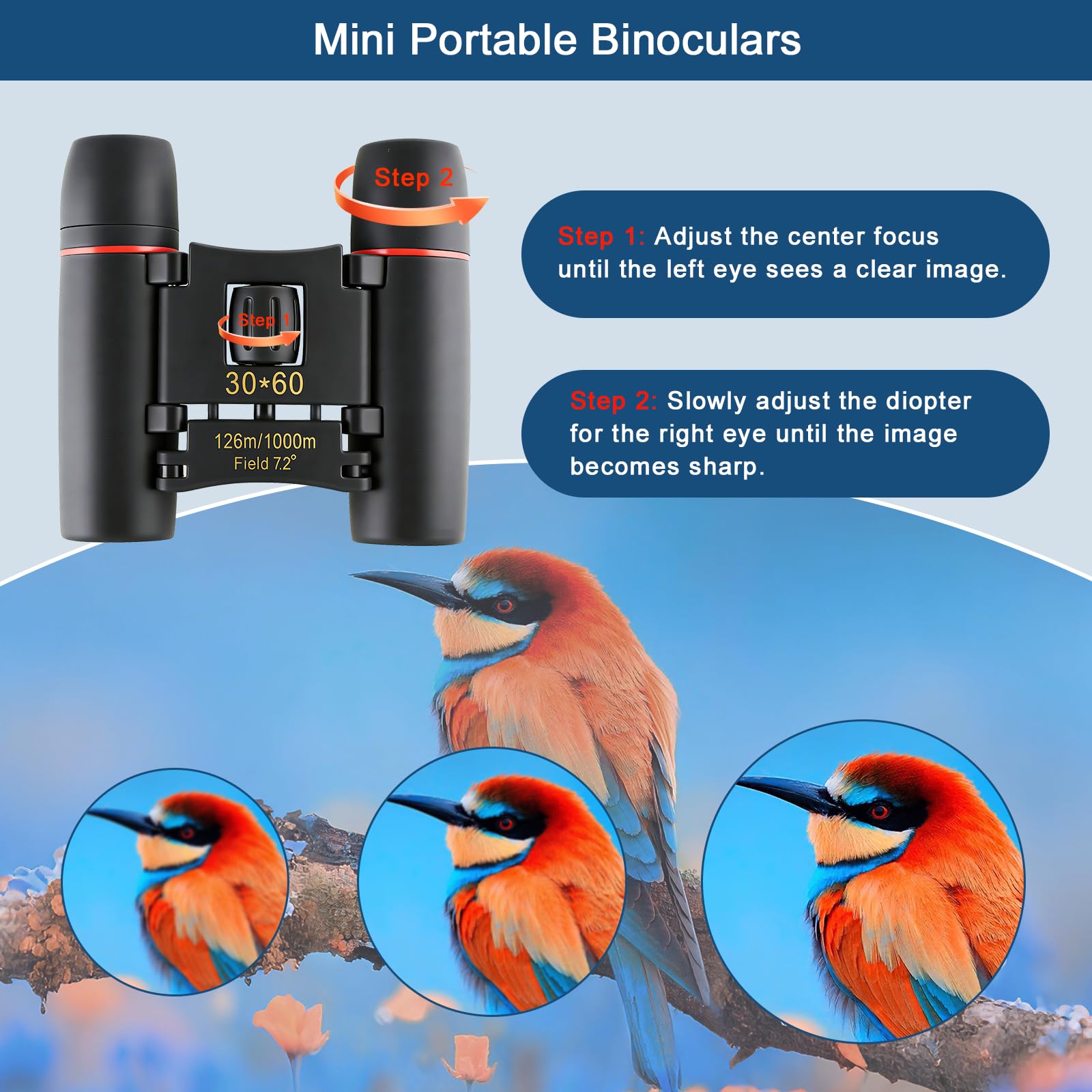30x60 Mini Compact Binoculars for Adults Kids, HD Portable Waterproof Pocket Binoculars, Lightweight Folding Easy Focus for Bird Watching, Hunting, Concert, Theater, Travel Hiking Outdoor Sports — view 7