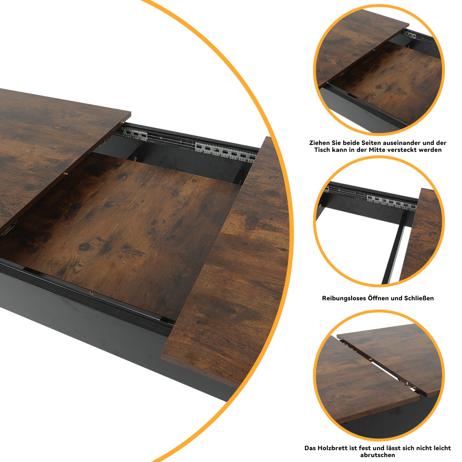 ARTETHYS Esstisch Ausziehbar 105/150x70 cm, Industrieller Küchentische Esszimmertisch, Rechteckiger Tischplatte für 4-6 Personen, Holztisch mit Metallbeinen, Tisch für Esszimmer, Küche, Wohnzimmer
