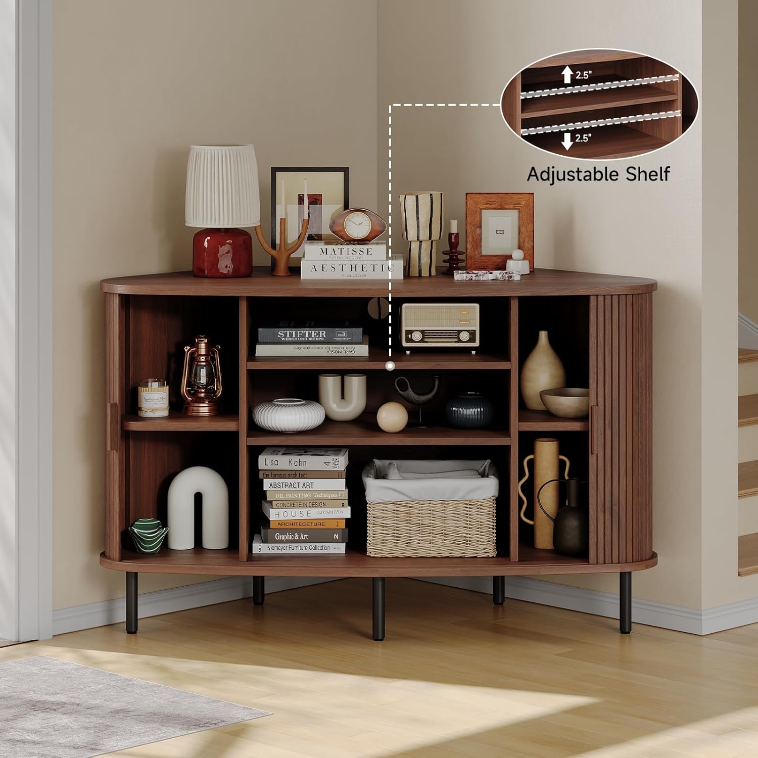47 Inch Corner TV Stand for 55 Inch TV, Fluted Corner Entertainment Center with Storage, Power Outlet, Sliding Doors, Adjustable Shelves, Mid Century Modern TV Media Console Cabinet, Walnut