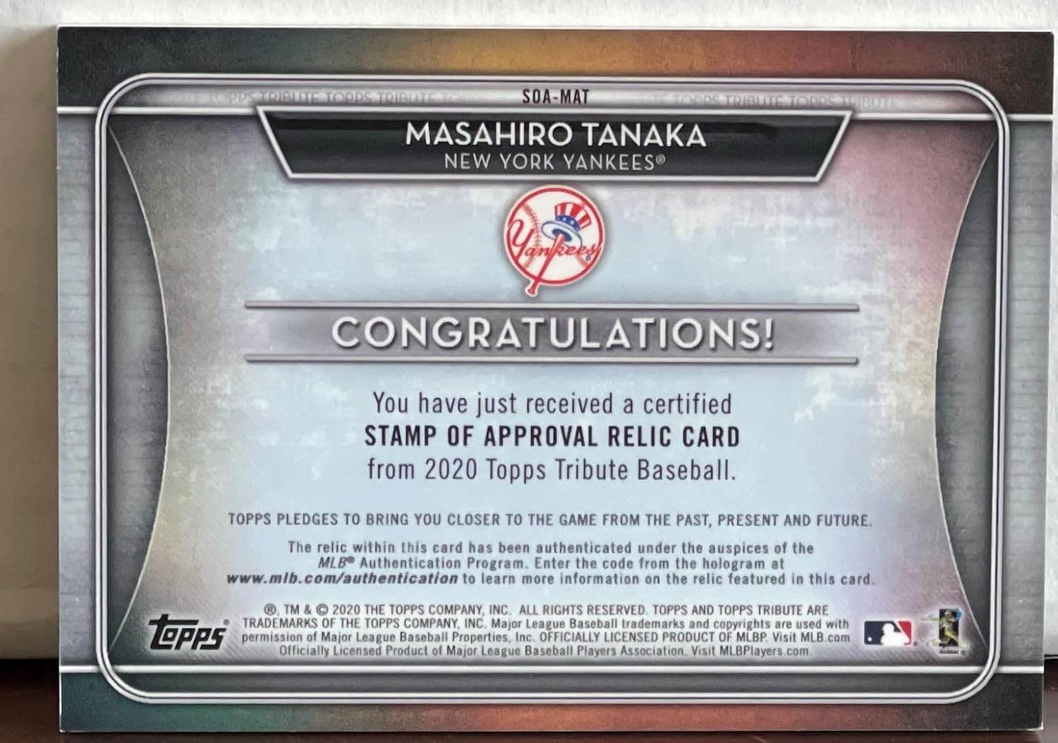 Masahiro Tanaka Serial Numbered #11/99 Stamp of Approval Tribute Game Used Memorabilia Relic Jersey Parallel Collectible Baseball Card - 2020 Topps Tribute Collection Baseball Card #SOA-MAT (Yankees)