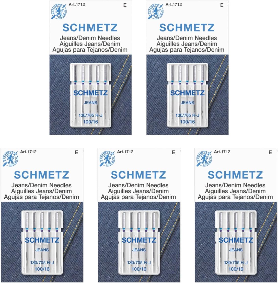 Jean & Denim Sewing Machine Needles - Precision Needles for Heavy Fabric, Size 100/16, 5-Needle Cards, Pack of 5