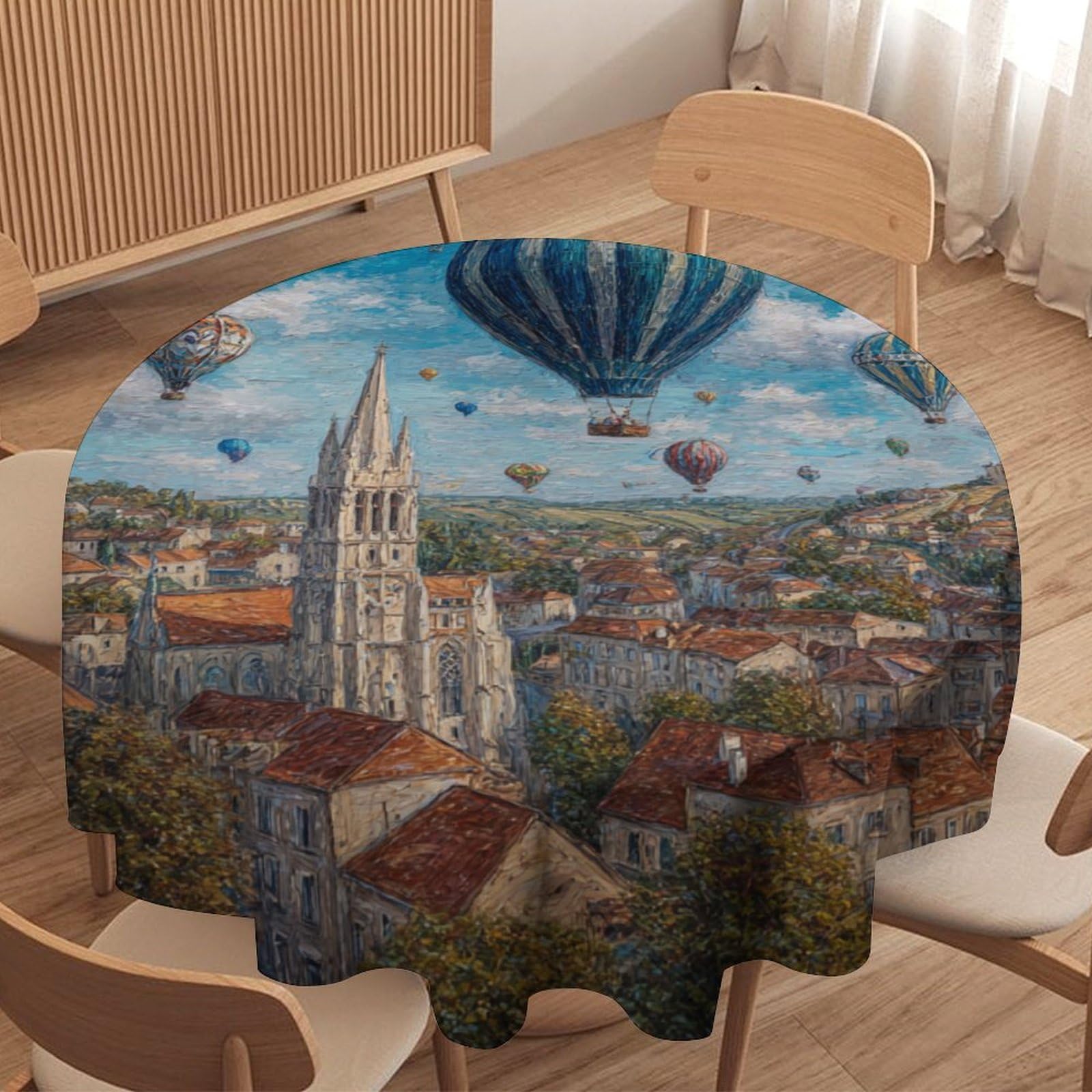 LUYYSKY Beautiful Rustic Hot Air Balloon Waterproof Round Tablecloth Retro European Italian Town Pattern Washable Table Cover for Kitchen-91.4" Wx91.4 L cm