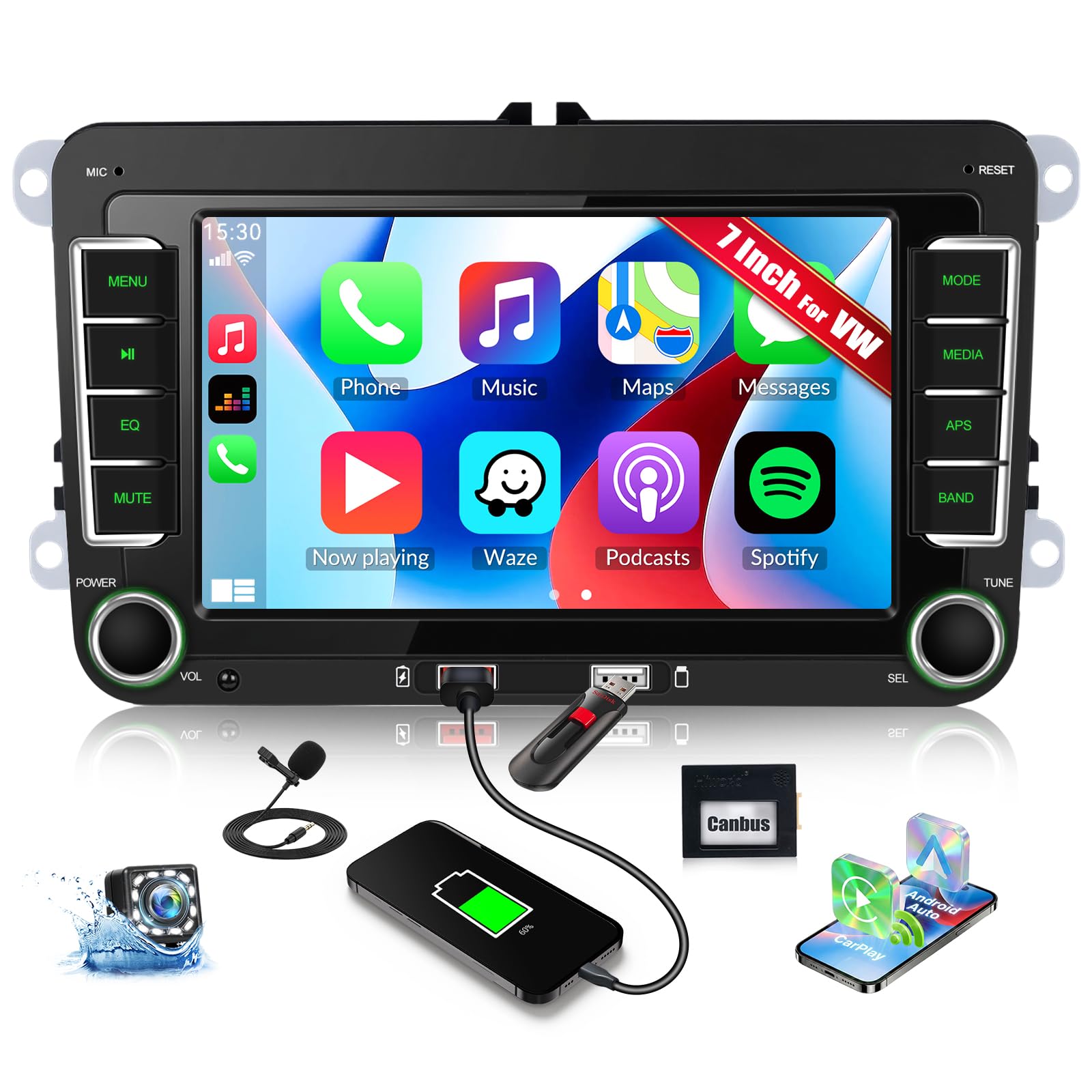 CAMECHO Samochód samochodowy 7" Carplay VW do Golf 5 6 Polo Passat Seat Touran Skoda Tiguan z kamerą cofania, radio Bluetooth z bezprzewodowym systemem Android Auto FM RDS 2USB EQ Sound SWC + ekran