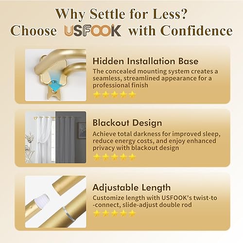Miniatura 7 de Barras de cortina doradas dobles de 32 a 58 pulgadas (2.6-4.8 pies), USFOOK Barras de cortina oscurecedoras envolventes para ventanas de 20 a 54