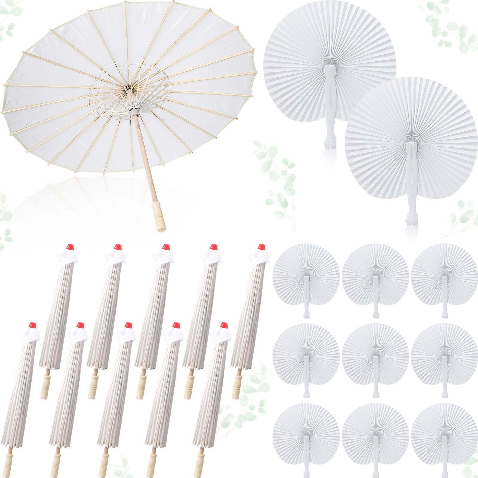 Abbylike 24 Pcs Round Folding Paper Fan and Oil Paper Umbrella Set, 32 in White Paper Parasol and 5.7 in Round Paper Fan, Suitable for Wedding Party Decoration Birthday Gift Supplies