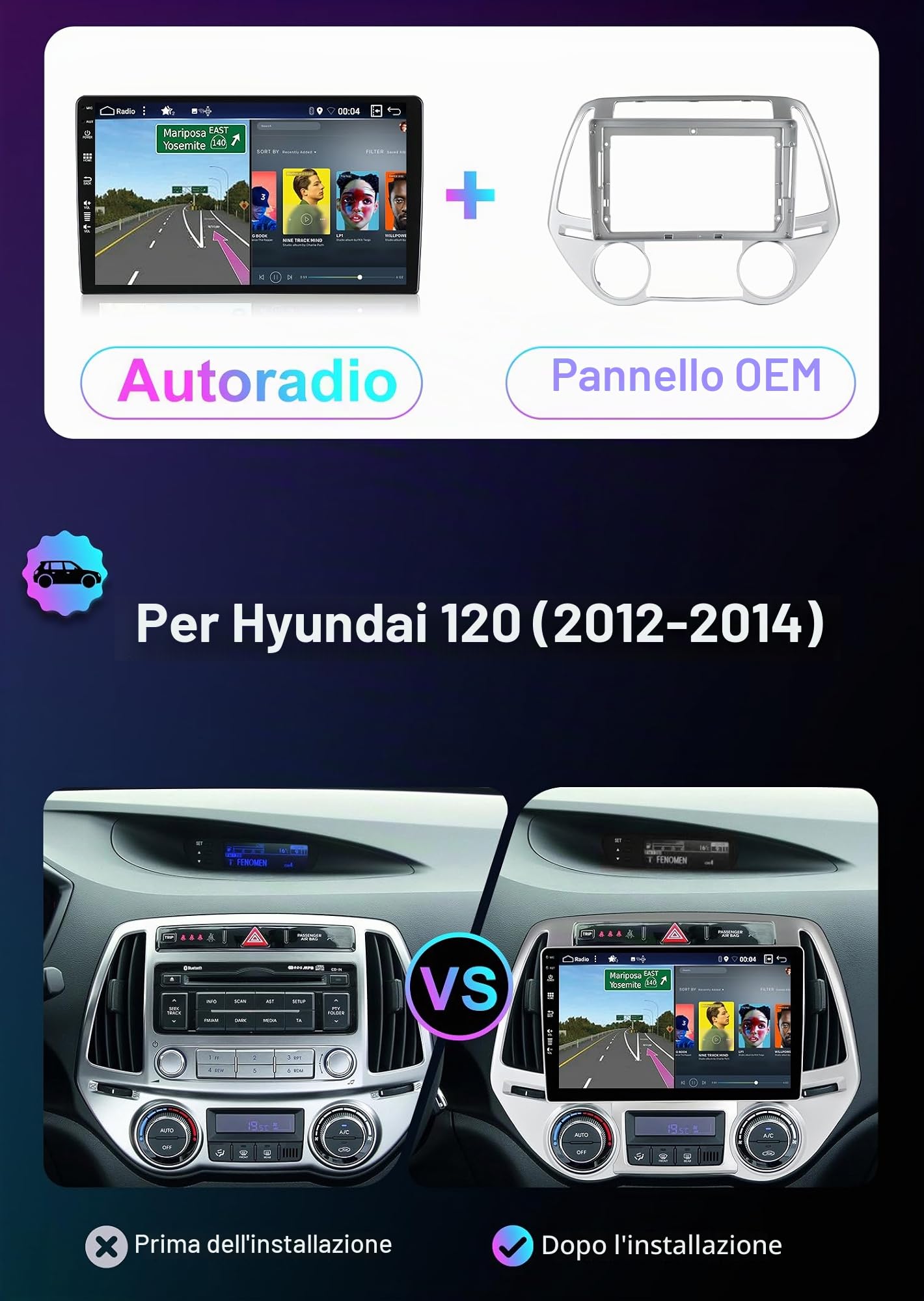 [4+64G] Android 16 2 Din Radio con navigazione per Hyundai i20 (2012-2014): [Integrato CarPlay/Android Auto/DSP/GPS/Bluetooth 5.0/WiFi/Controllo del volante/USB]-IPS 2.5D 9” Touch screen