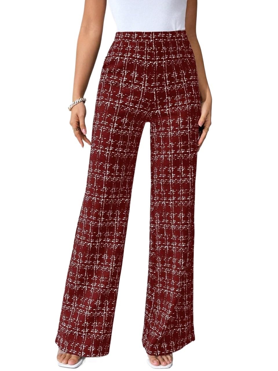 High Waisted Straight Leg Pant Trousers for Women Summer Elegant Plaid Printed Elastic Knitted Pants Cloth Outfits