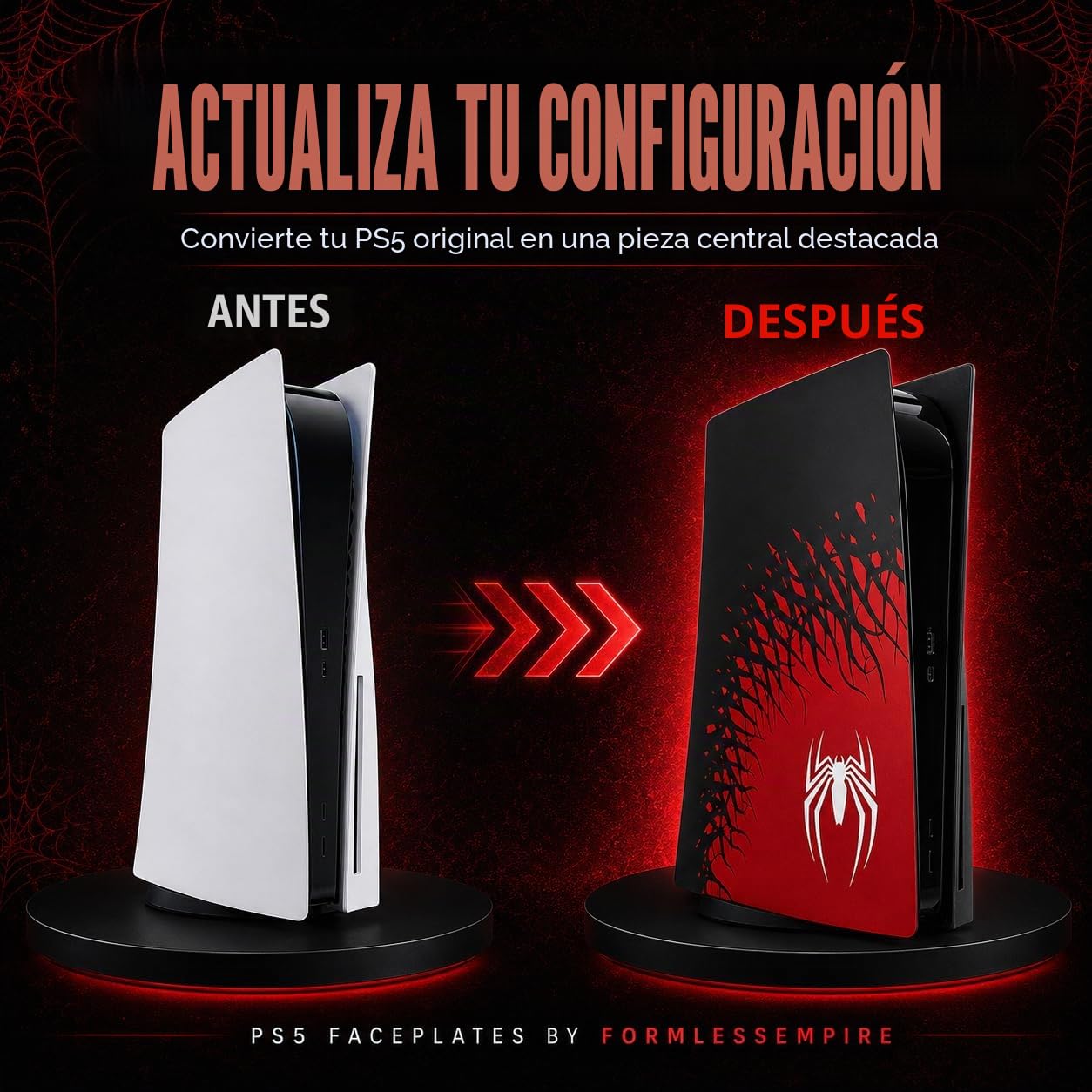 Placa frontal para PS5 placas laterales PlayStation 5 Disc Edition, accesorio de repuesto para consola, cubierta negra antiarañazos, protector de piel (araña)