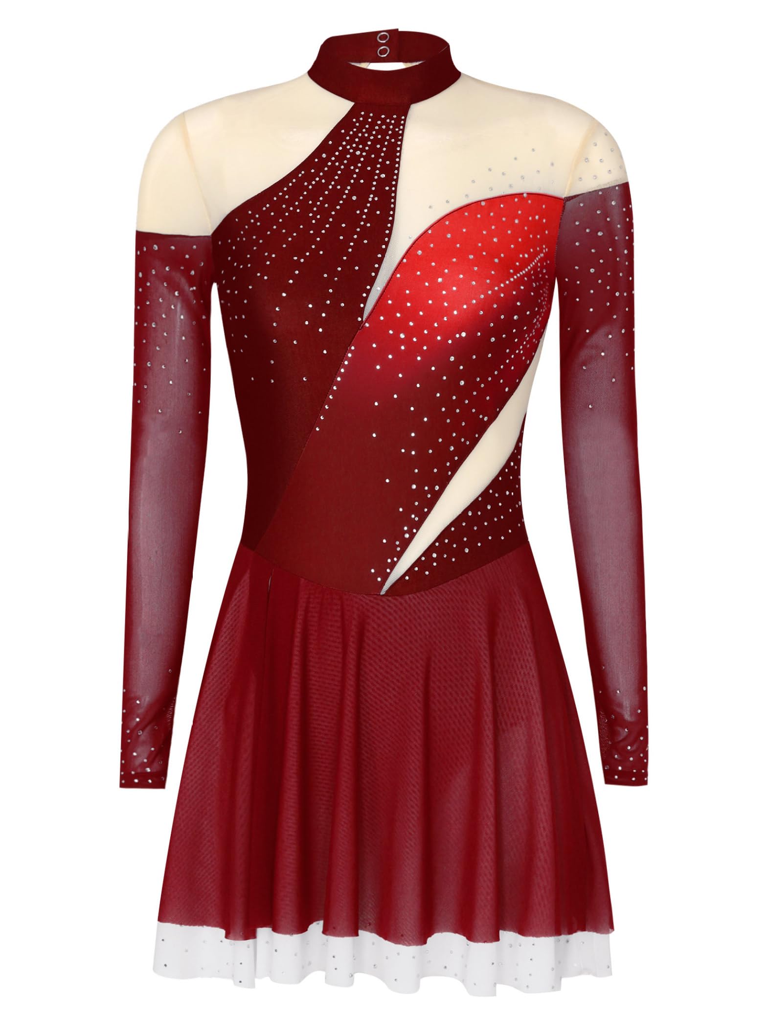 Robe Patinage Artistique Femme Strass Brillant Manches Longues Tenue Patinage sur Glace Danse Justaucorps Gymnastique pour Compétition Spectacle