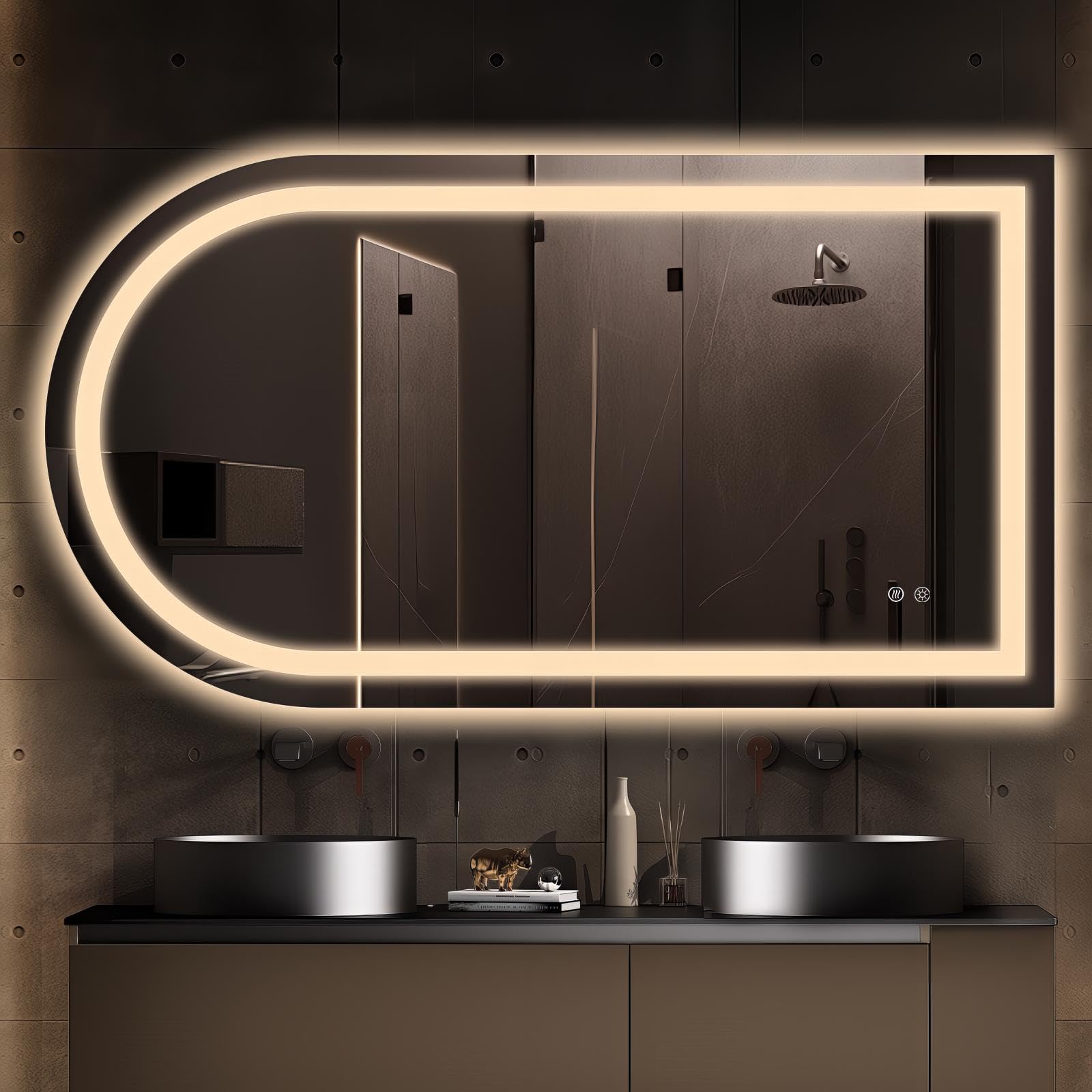 Niccy Arched LED Bathroom Mirror, 55x30 Arch Wall Mounted Frameless Bathroom Mirror for Vanity, Smart Lighted Frontlit Mirrors with Memory Function for Bathroom Bedroom Beauty Hair Salon