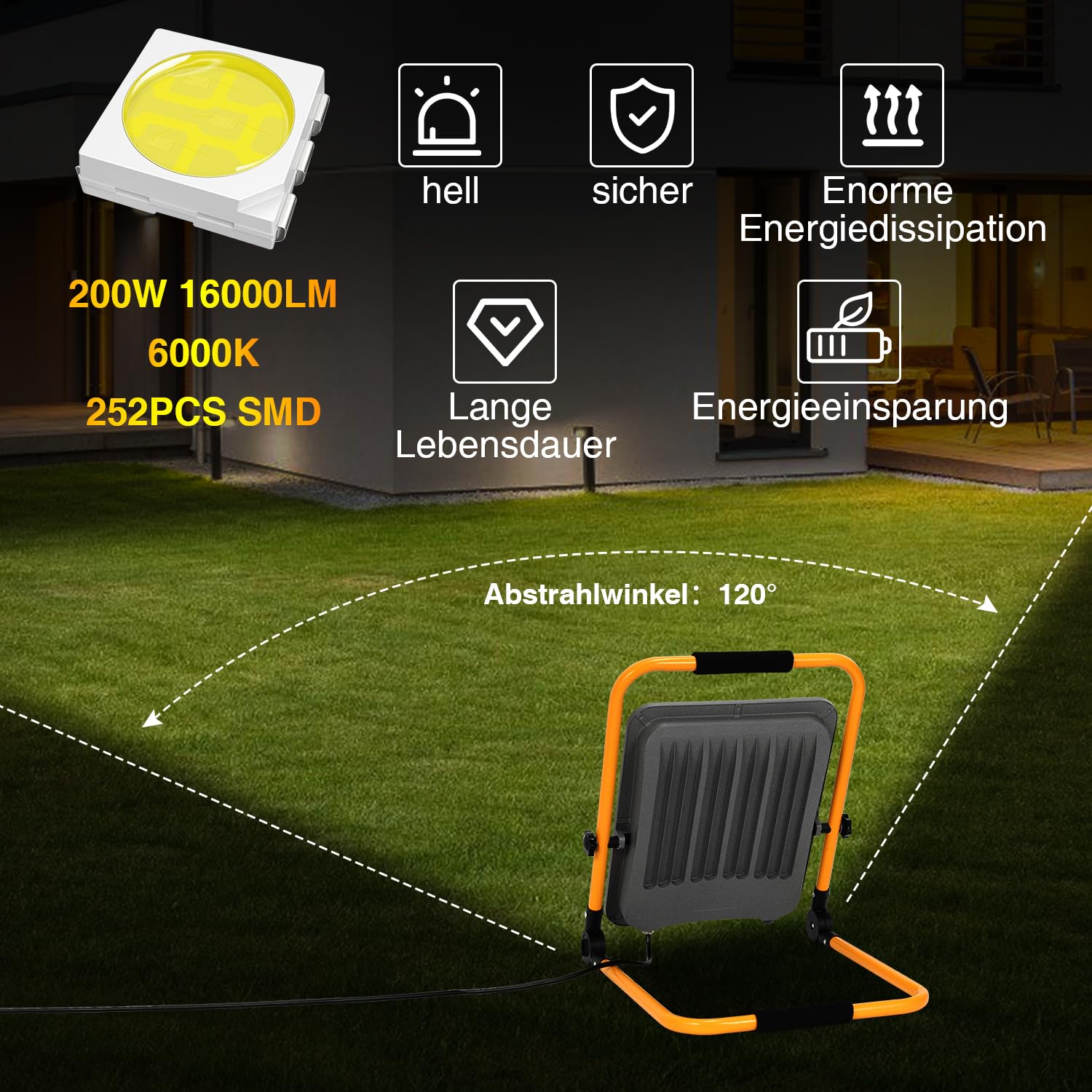 LED Baustrahler Arbeitsleuchte 200W, 4X Baustellen Strahler inkl. Faltbarer Standgestell, Baulampe 18000LM 6000K Kaltweiß IP66 Wasserdicht für Innen Außen (mit Stecker und 3 meter Netzkabel)