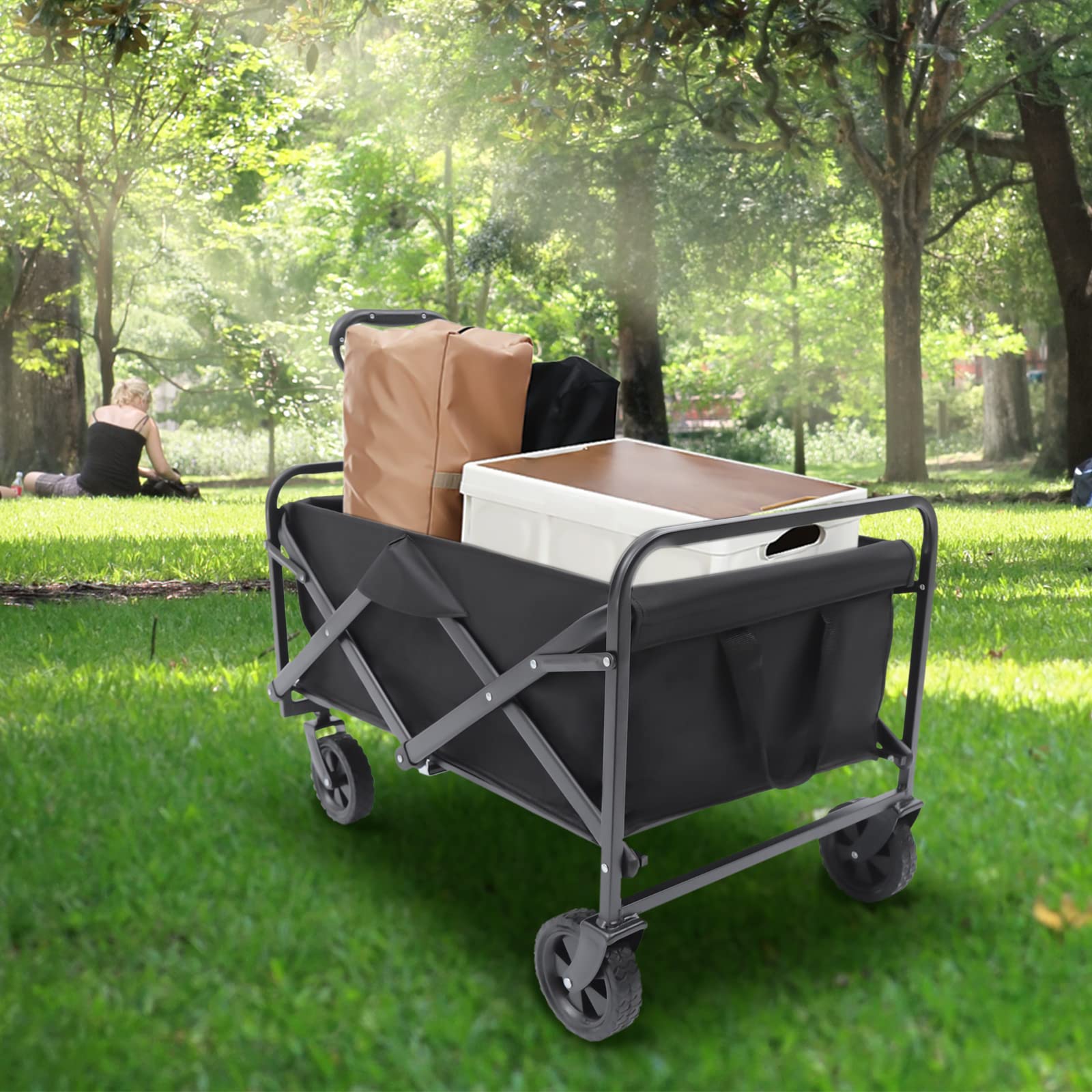 Faltbarer Handwagen - Klappbarer Bollerwagen für Garten, Strand und Camping - Outdoor Transportkarre mit Gummirädern - Verstellbarer Griff und 2 Getränkehalter - Bis zu 80kg Tragkraft