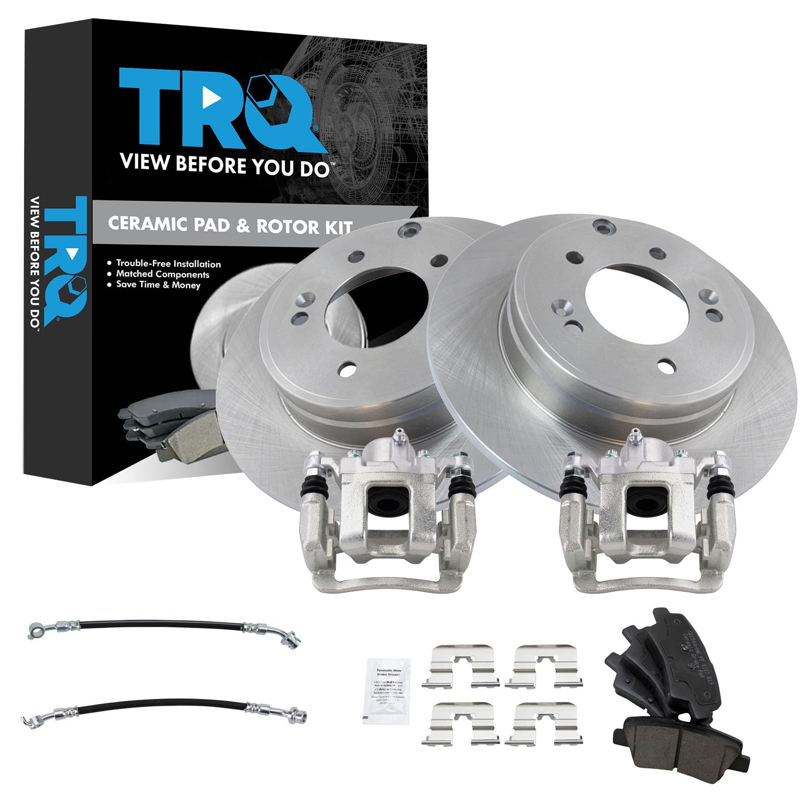 TRQ Rear Brake Pad and Rotor Set Ceramic Rotors Calipers Hoses Compatible with 2015 Hyundai Sonata 2014 Kia Optima