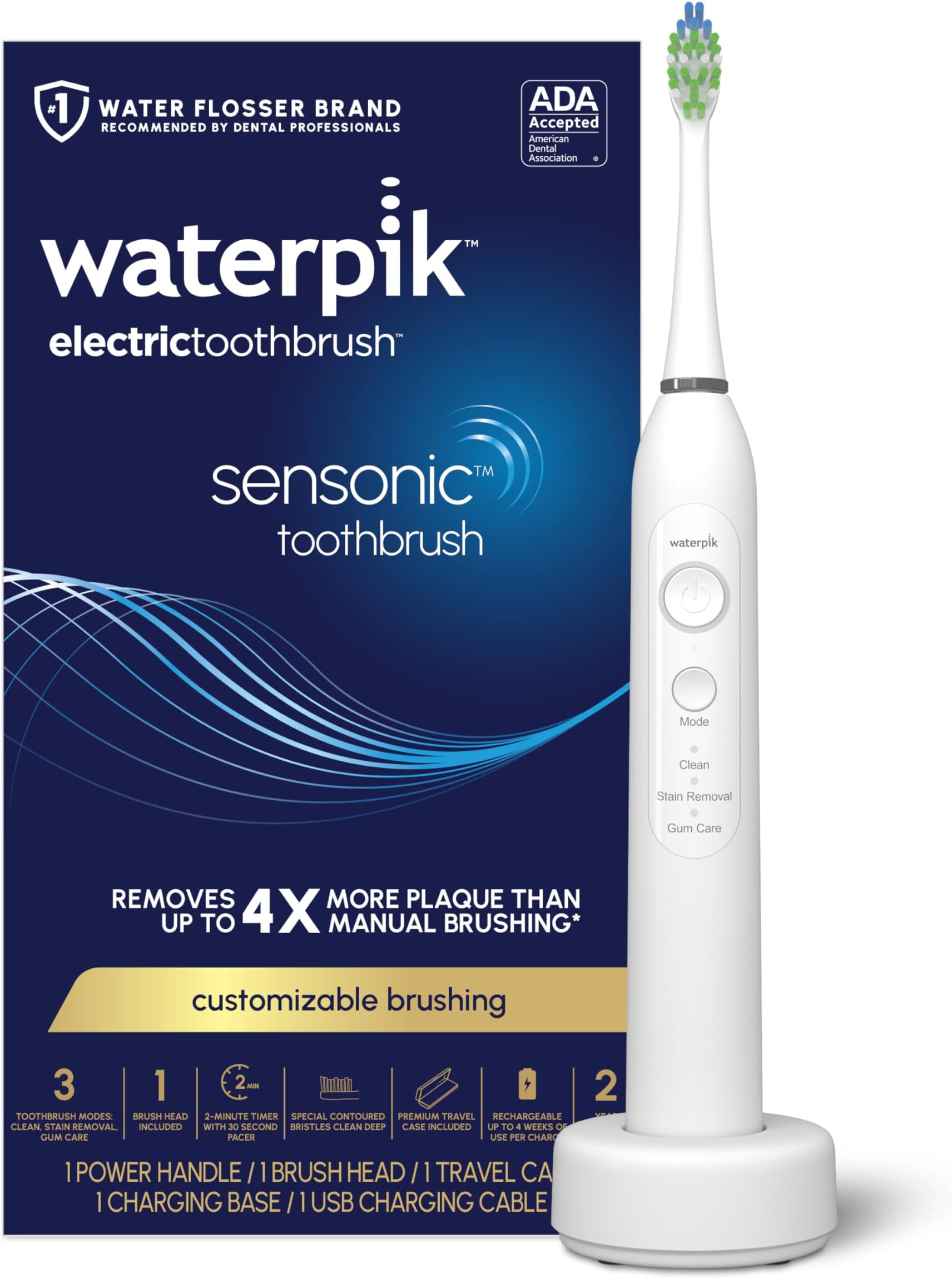 Sensonic Sonic Electric Toothbrush, Rechargeable Toothbrush for Adults with 3 Modes, Travel Case, USB Charger, White STW-03W020, Packaging May Vary