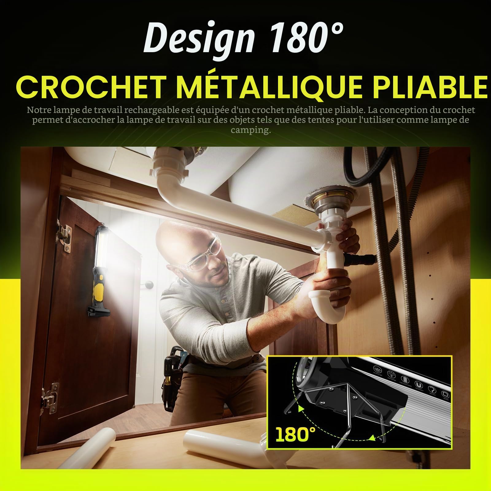 WARSUN Lampe Mecanicien 1500 Lumens Sans fil [Classe A+++], Lampe de Travail Rechargeable COB avec Base Magnétique/Crochet - Baladeuse LED Puissante pour Garage, Jaune