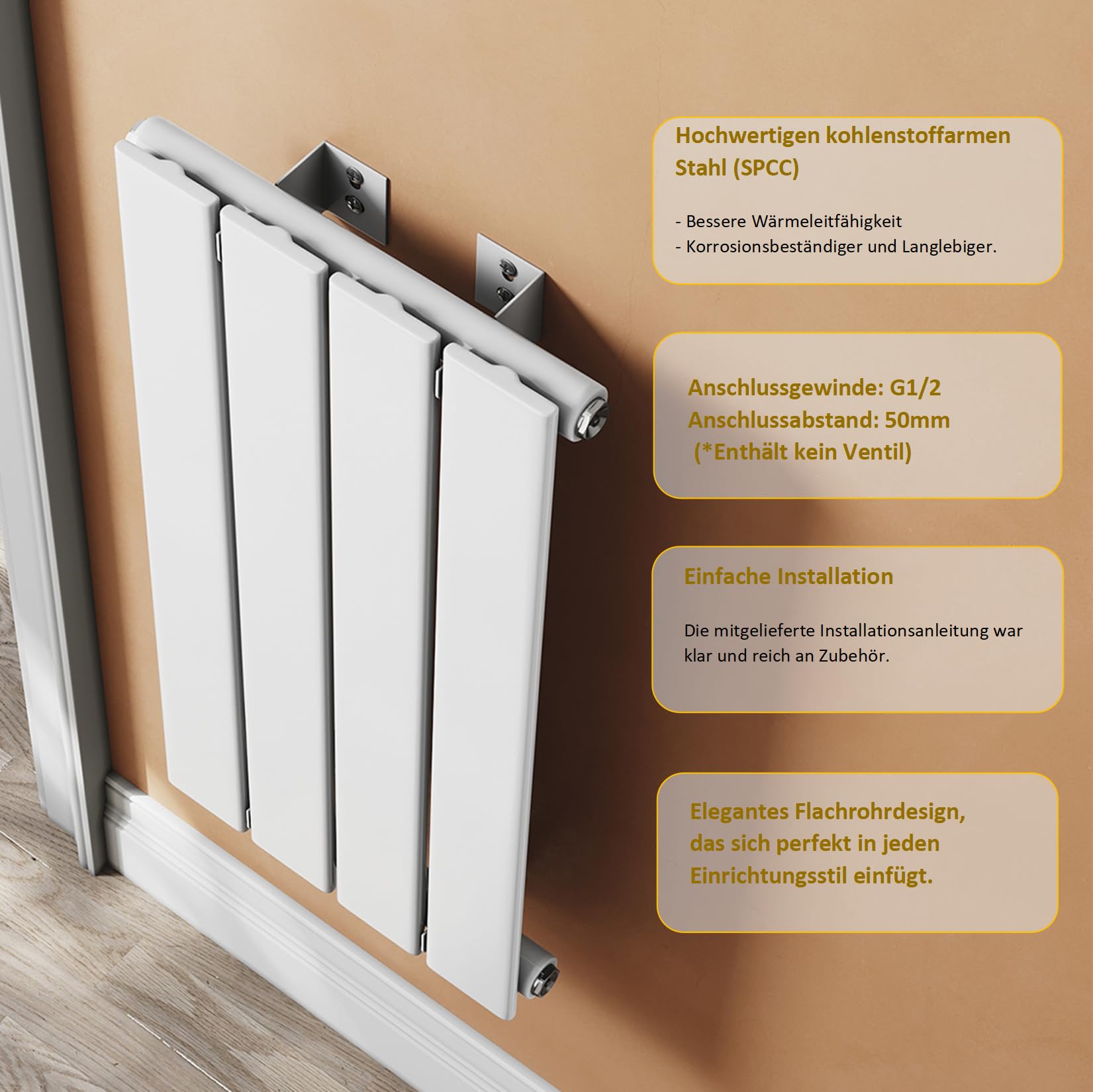 Termosifone piatto per bagno - Bianco - 1800 x 619 mm - Design verticale - Doppio strato - Collegamento centrale