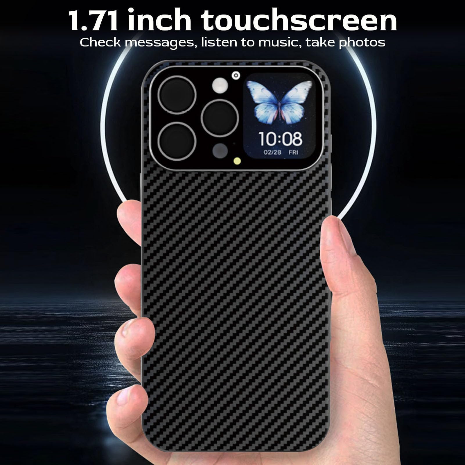 Funda para Teléfono con Pantalla Táctil de 1,71 Pulgadas, Cubierta Magnética de Fibra de Carbono, con Notificaciones de Mensajes y Control de Música