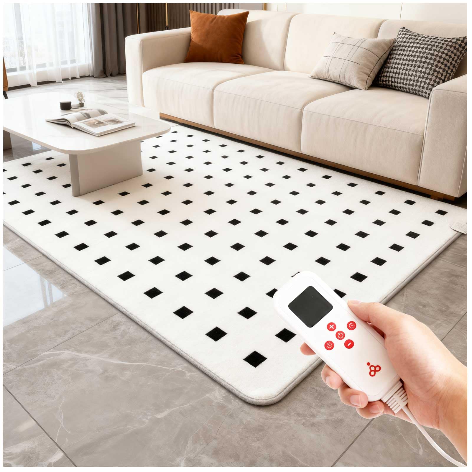 Tappetini Riscaldanti da Pavimento, Tappeto Riscaldante con 60 Impostazioni di Calore Regolabili, Timer da 12 Ore, Tappetino Riscaldato Elettrico, Scaldapiedi,Black Checkered,150x180cm