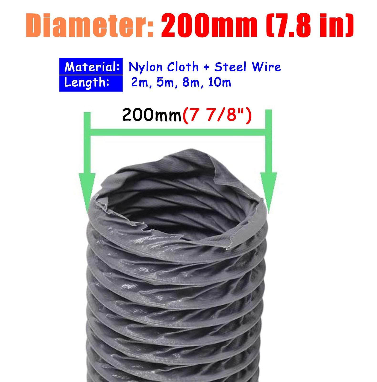 Tubo Flexible Manguera de Conducto de Ventilación con Abrazadera, Conducto Flexible para Secadora y Campana Extractora, Kit de Manguera de Transición de Nailon(5m(16.4ft),Dia- 200mm(7.8in))