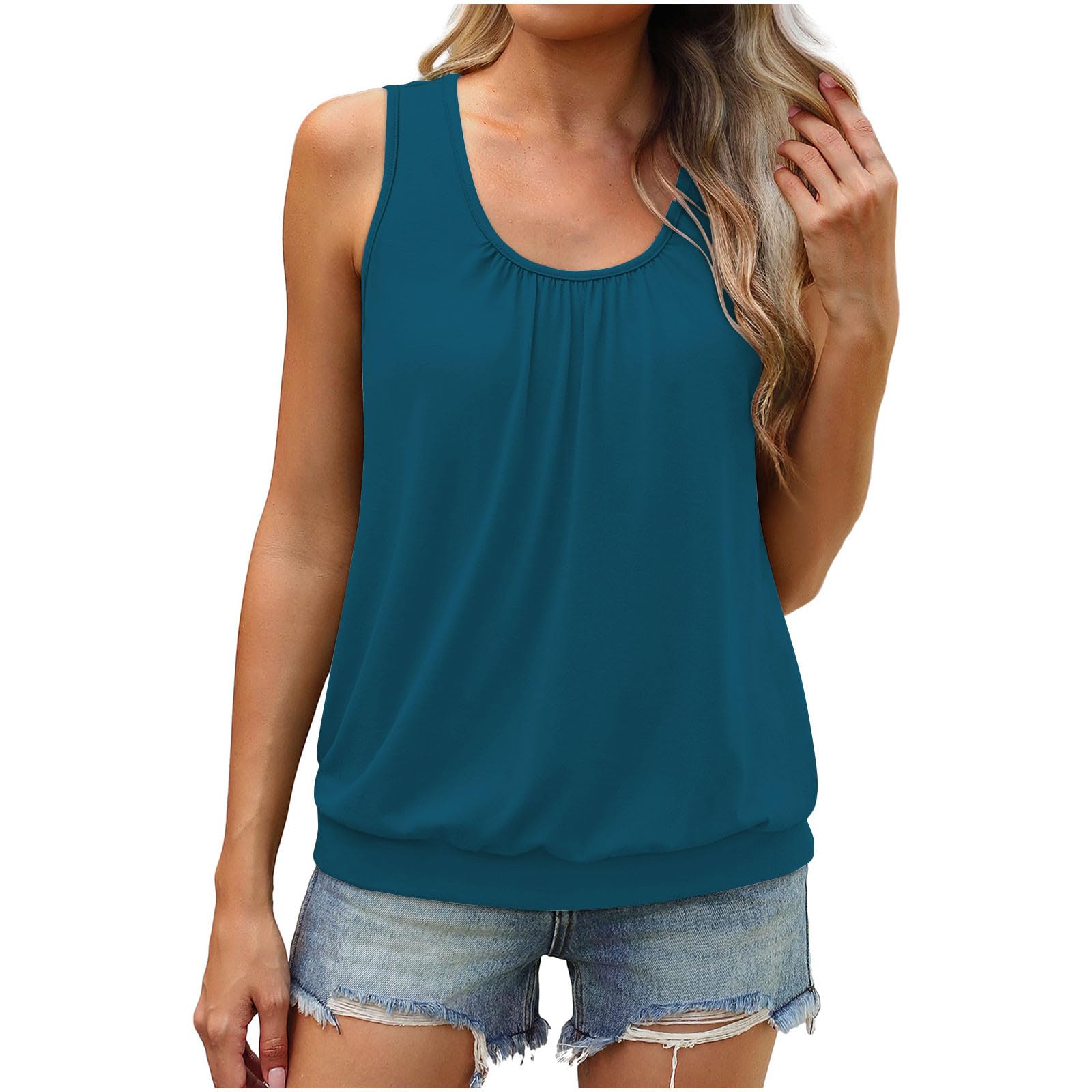 Womens Summer Tank Tops Banded Bottom Blouson Loose Fit Pleated Scoop Neck Shirts Casual Sleeveless Tees