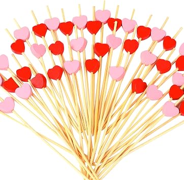 FOIMAS 200pcs Heart Cocktail Picks,Red Pink Heart Shaped Bamboo Toothpicks for Appetizers Fruit Food Cake Valentines Day Party Wedding Decoration