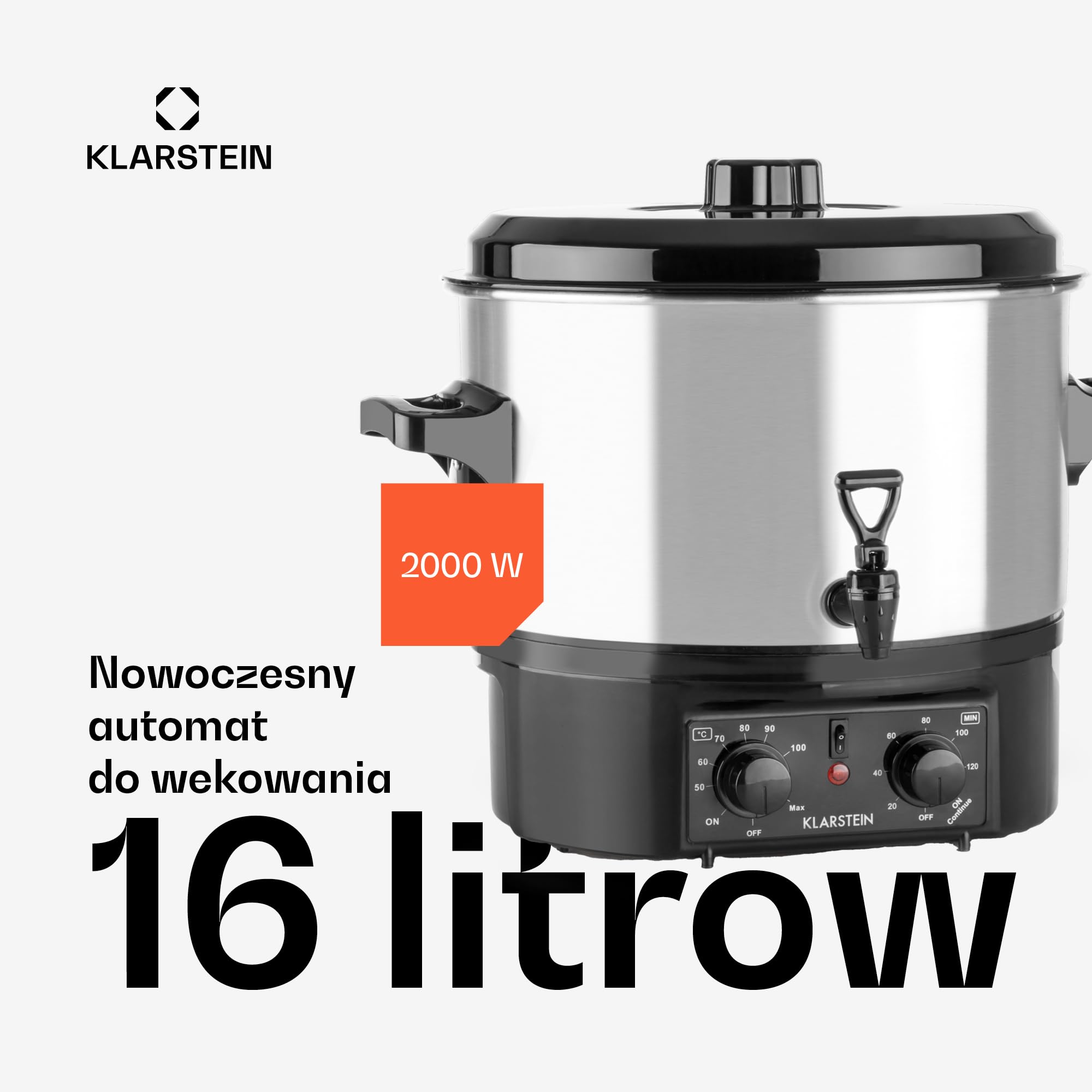 Klarstein Biggie Small - Urządzenie do pasteryzacji, gar do wekowania, Automat do grzańca, elektryczny, Pojemność 16L, 2000 W, Regulowana temperatura, Wyłącznik czasowy do 120 minut, srebrny
