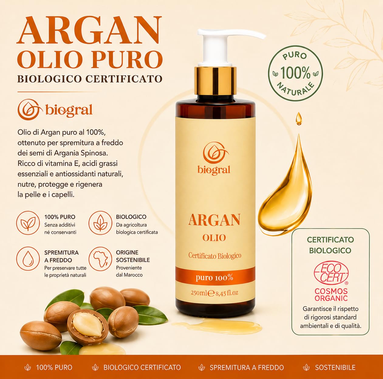 Olio di Argan Puro per Pelle Biologico (250 ml X 2pz + Saponetta Omaggio), Idratante Corpo, per Capelli Secchi e Crespi e Danneggiati, Privo di Sostanze Chimiche