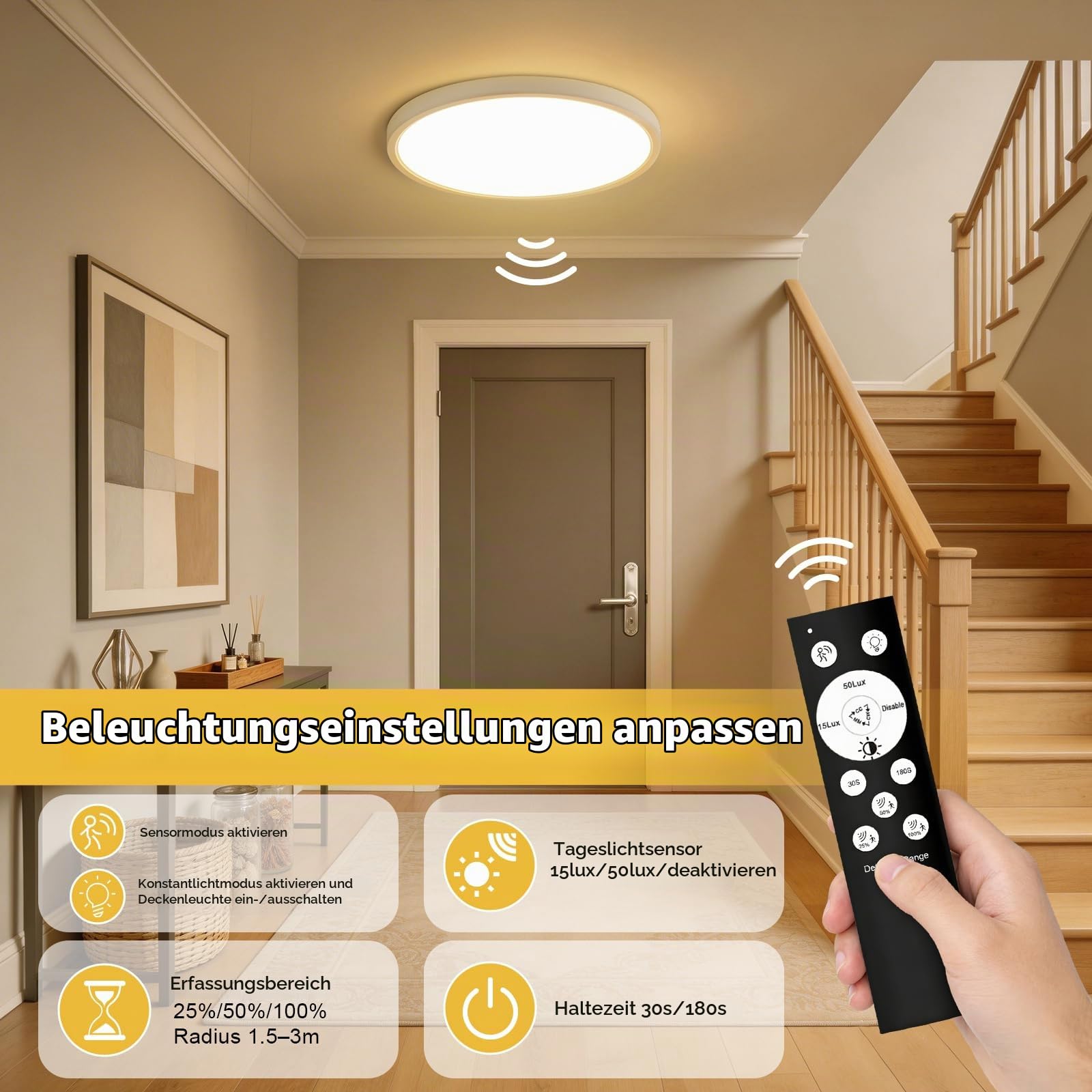 LED Deckenlampe mit Radar Bewegungsmelder 28W 2800LM, IP54 30CM Deckenleuchte mit Bewegungssensor, 3000K/4000K/6000K Lampe Dimmbar mit Fernbedienung, Flurlampe für Garage Treppe Keller Balkon
