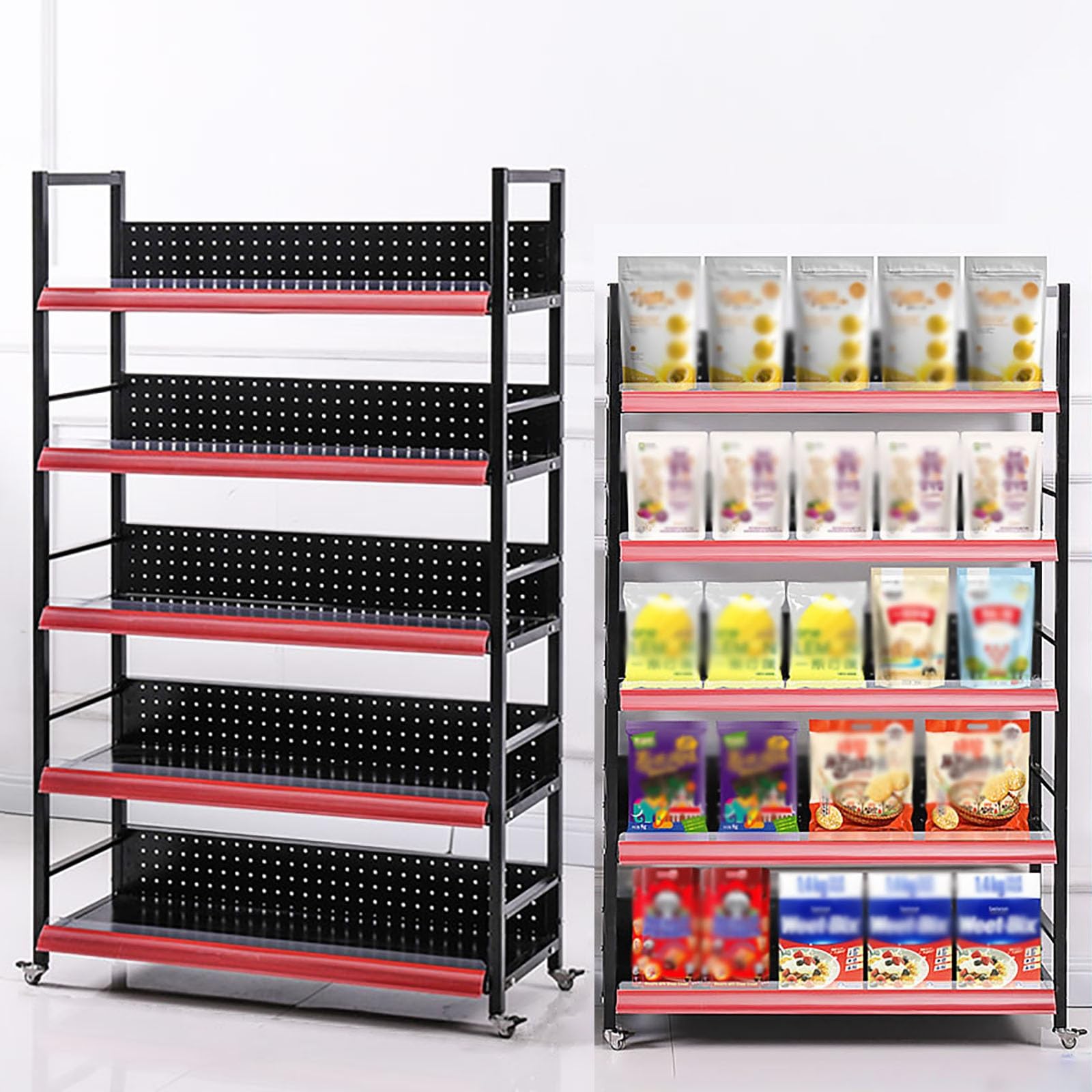 METTEOR Snack Storage Rack,Snack Organizer with 4 Hooks And 4 Wheels, Fruit Vegetable Basket for Store 3/4/5 Layer Stackable Steel Storage Baskets Organizer Cart, for Kitchen Pantry Bathro (Black 80