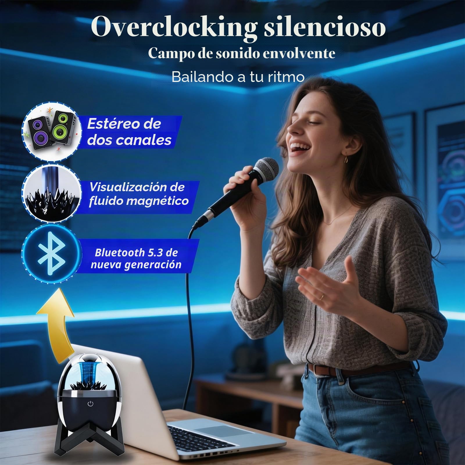 Bocina ferrofluida Bailando, visualizador magnético de música, Altavoz Bluetooth inalámbrico, Sonido estéreo, Control táctil, decoración LED, Pantalla ferrofluida (Versión básica)