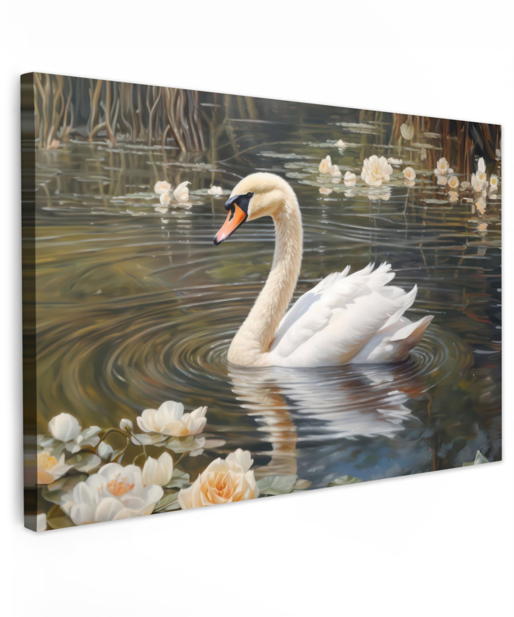 MuchoWow© Canvas Wall Art 35"x24" / 90x60 cm Decor Paintings Prints framed on Canvas Decorations Wallart Swan - Flowers - Lily - Animals — image 1