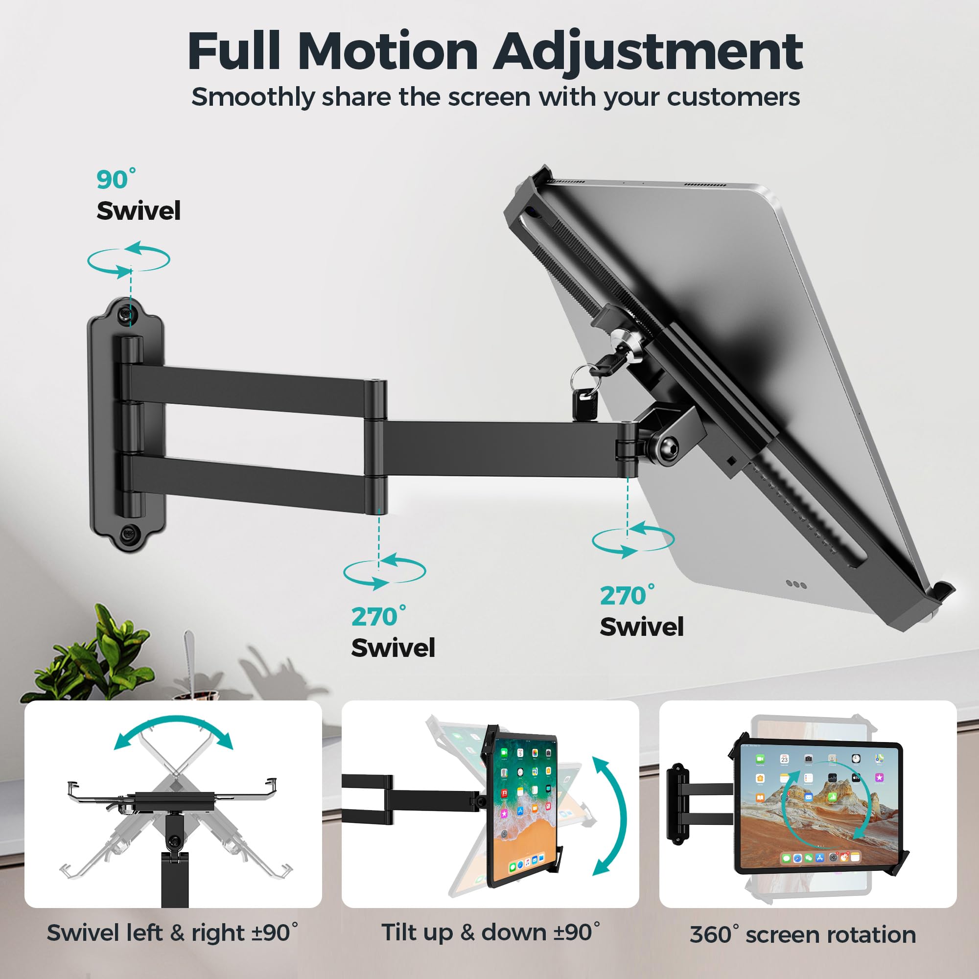 Soporte De Pared Para Tablet Antirrobo, Metálico Para iPad 7"-14" Pro Air Galaxy Tab, Brazo De Seguridad Con Movimiento Completo Y Cerradura Con Llave Para Tiendas, POS Y Kioscos Comerciales, Negro