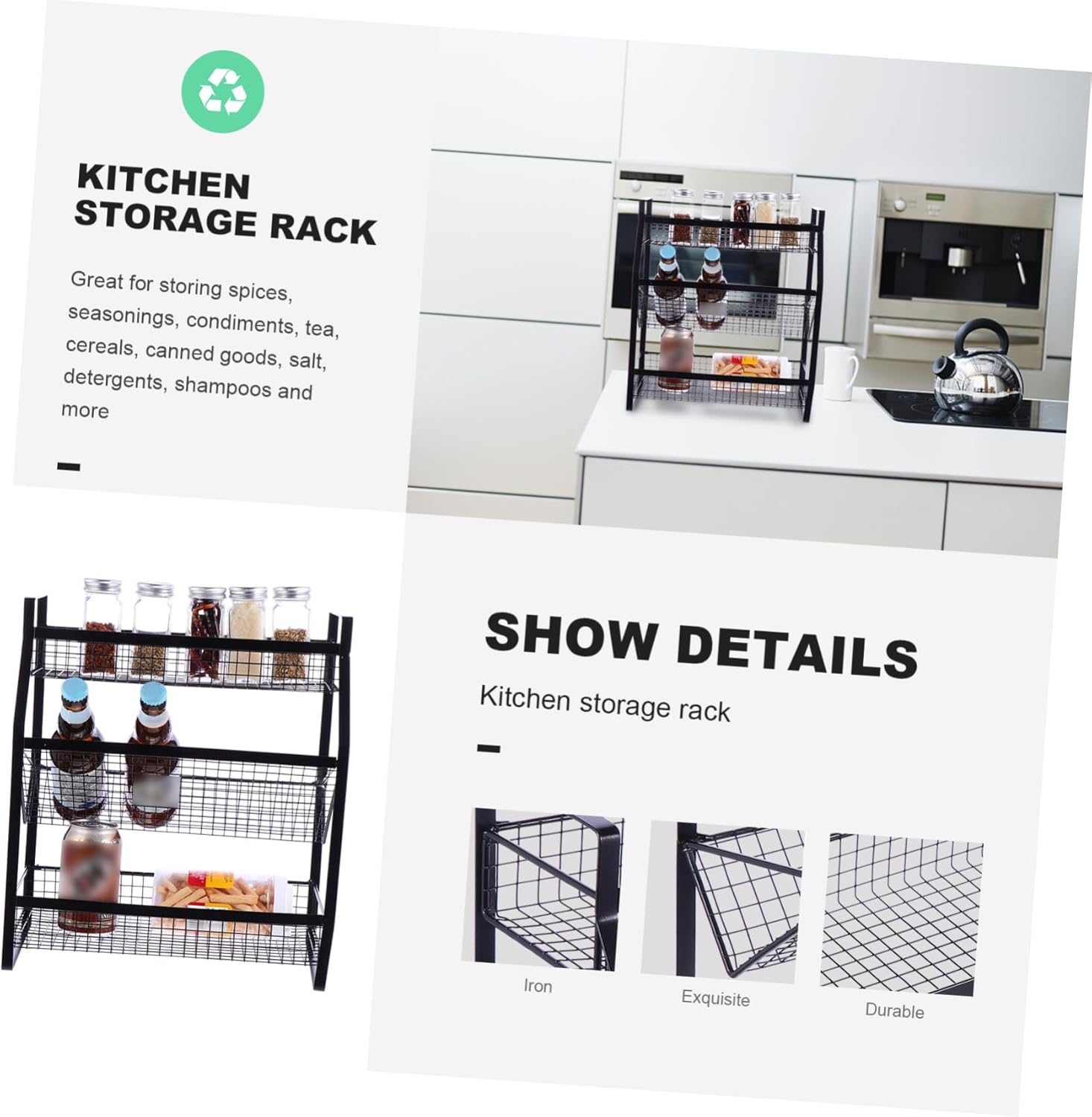 PRETYZOOM Three-Tier Stainless Steel Seasoning Bottle Rack Condiment Storage Holder Adjustable Shelves for Kitchen Organization