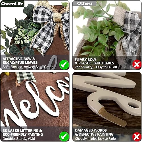 Miniatura 7 de Letrero de bienvenida para puerta delantera, decoración para porche de granja, coronas de bienvenida rústicas con vegetación grapada, regalo redondo