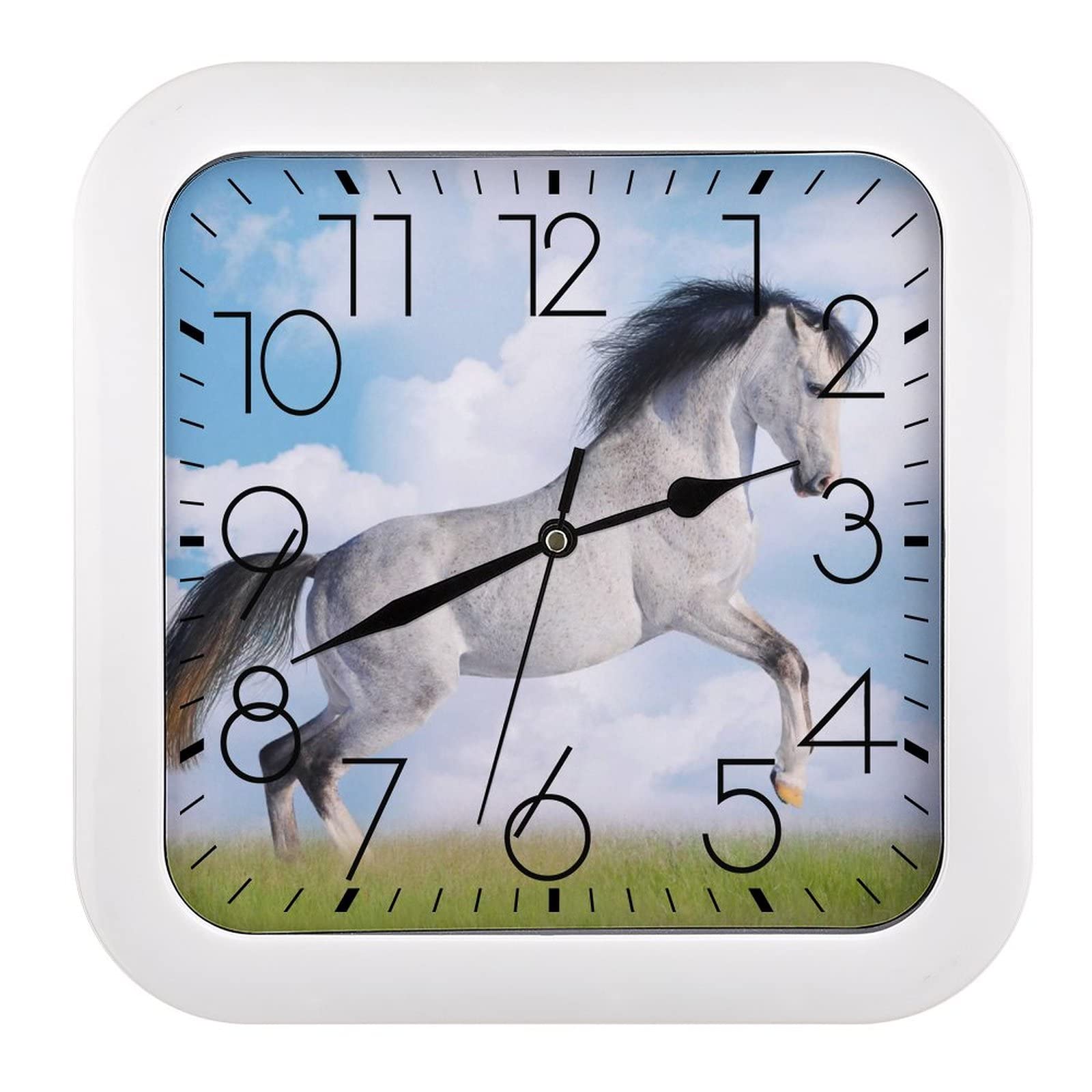 Horloge murale carrée grands chiffres 26cm avec motif de cheval blanc pour chambre
