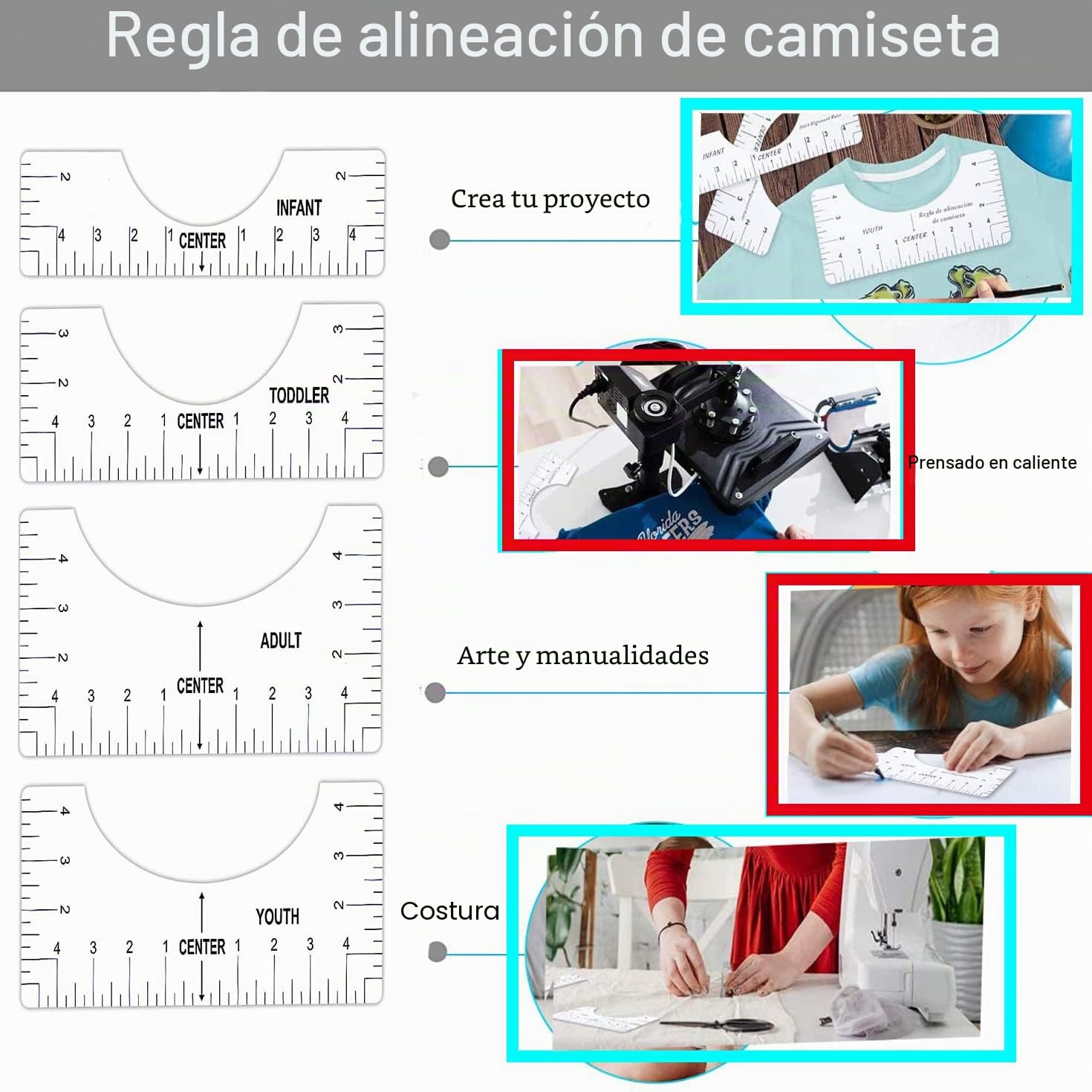 Cinta adhesiva resistente al calor, lámina de teflón para prensa de transferencia, cinta de sublimación, camiseta Ruler Guide Alignment para accesorios de costura, accesorios de plotter