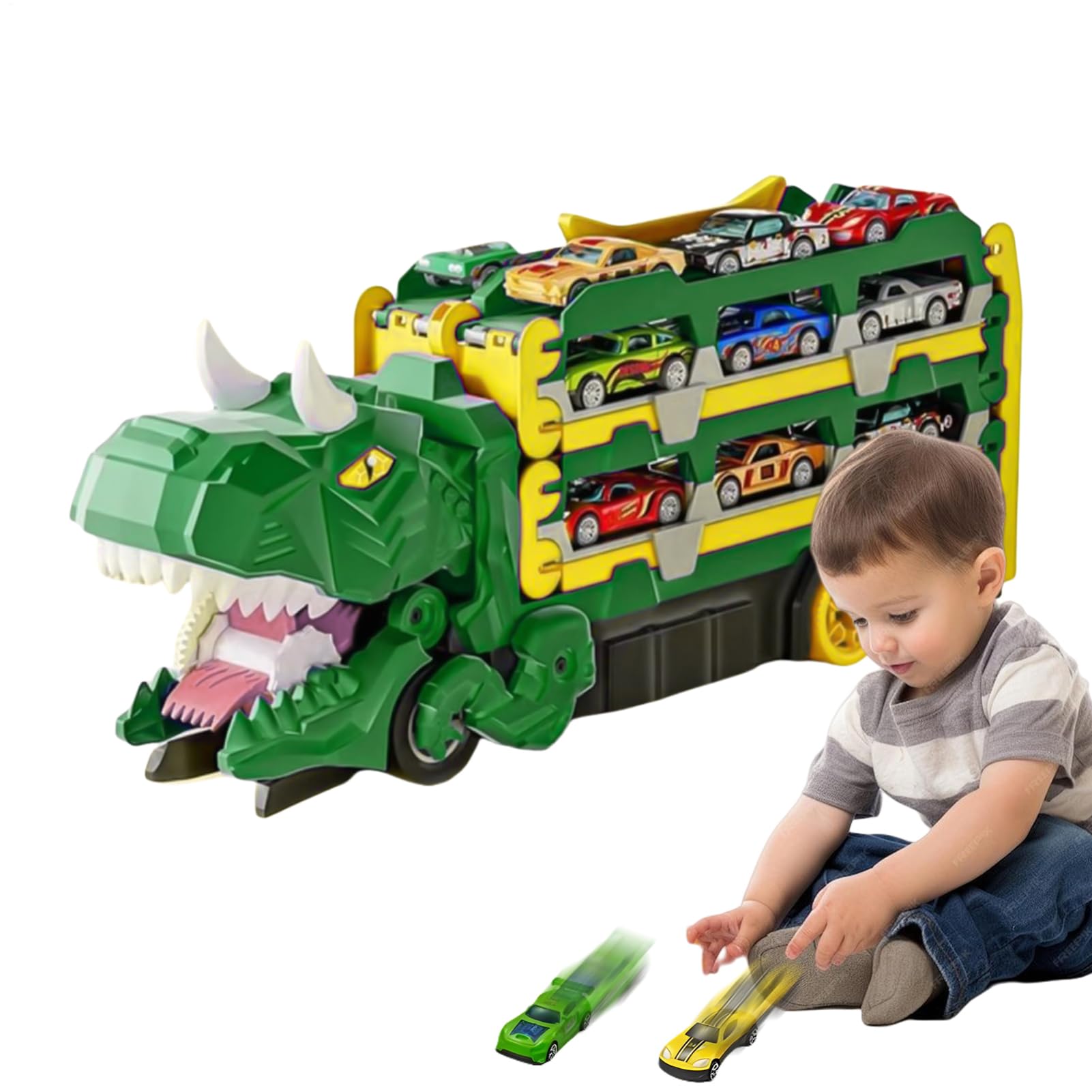 Dinosaur Truck Toy, Dinosaur Transport Truck Składana ciężarówka | Hauler Transform Race Track Pojazdów z 18 samochodami na urodziny